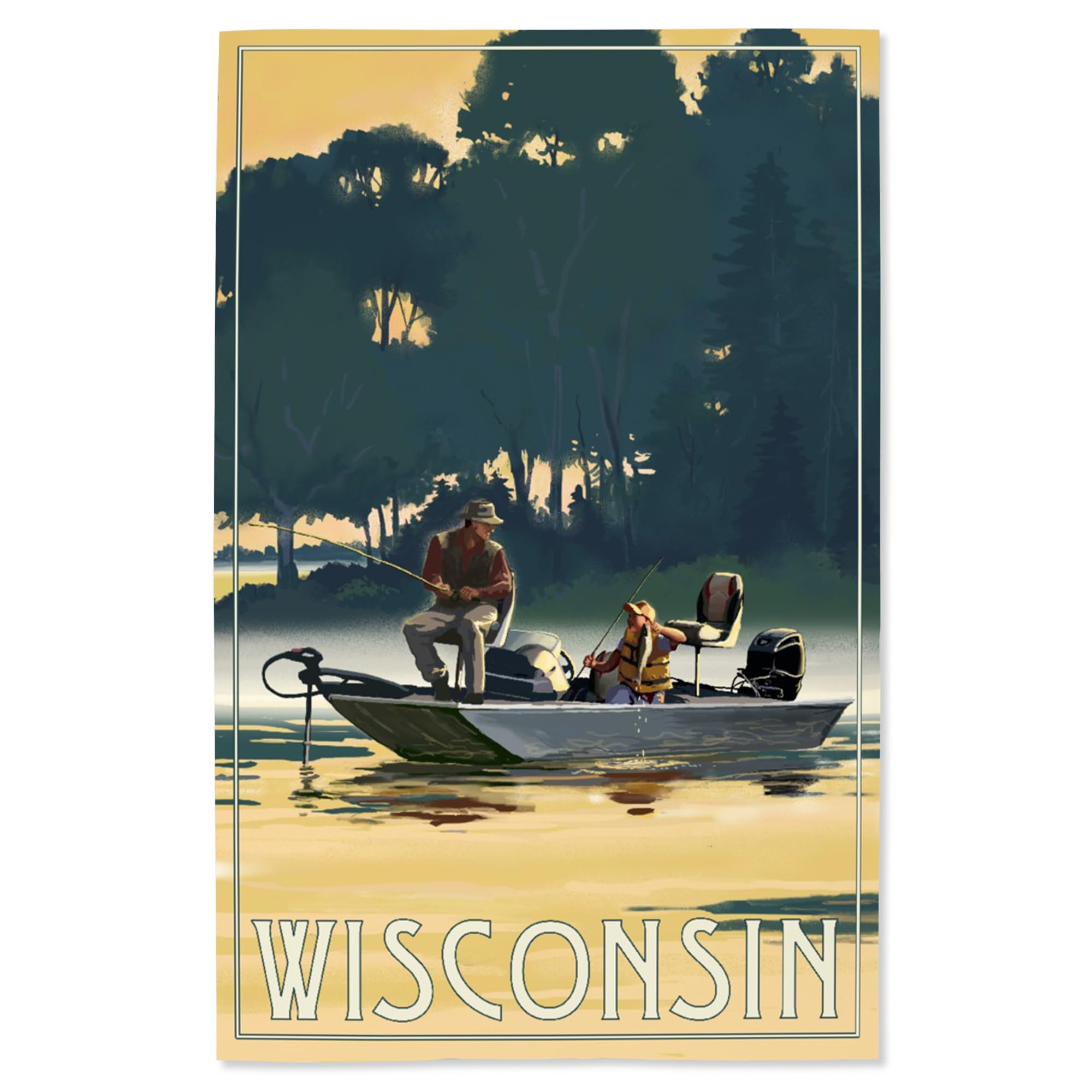 Lantern Press 16x24 Inch Giclee Art Print - Wisconsin Landscape with Fishermen in Boat - Wall Decor for Living Room, Bedroom & Office