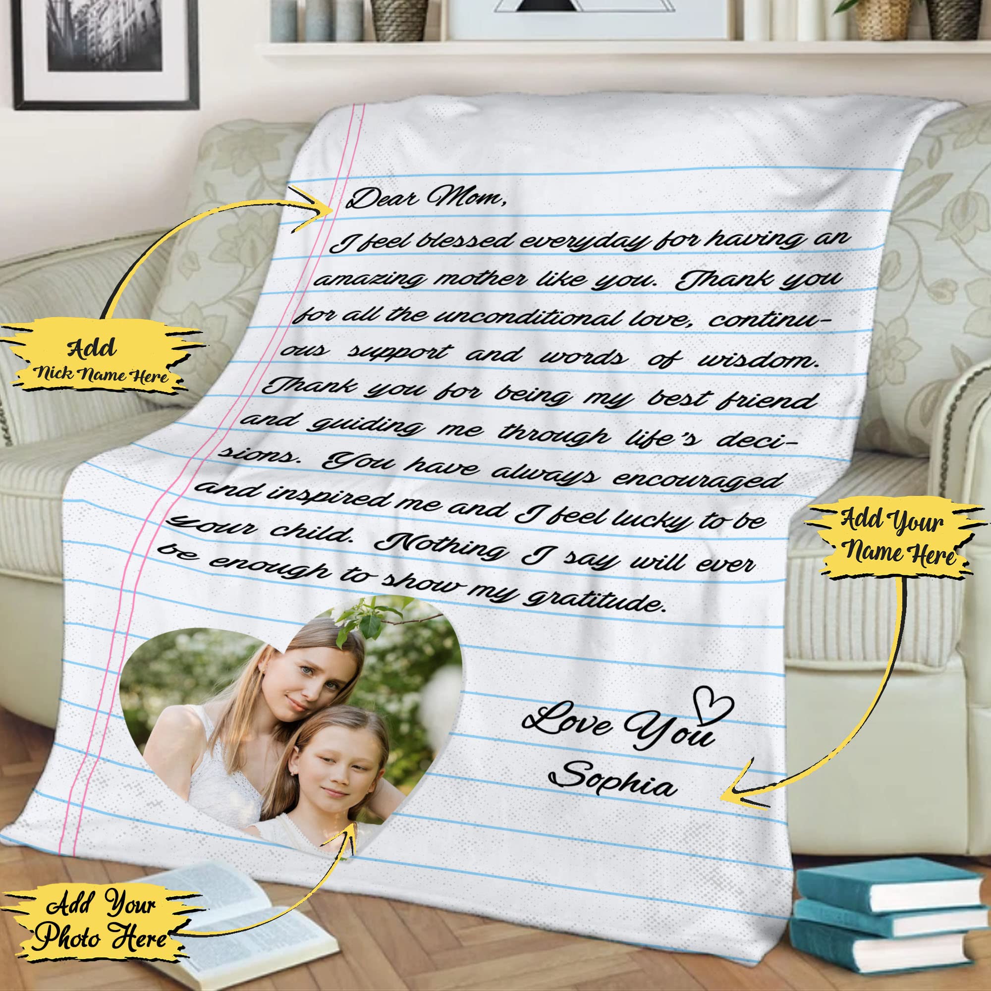 Custom Photo Blanket for Mom - Personalized Gift from Daughter or Son - Soft & Lightweight Throw - Mother's Day, Birthday, Christmas Present - Made in USA - Perfect for Cozy Nights, Family Gatherings & Heartwarming Surprises
