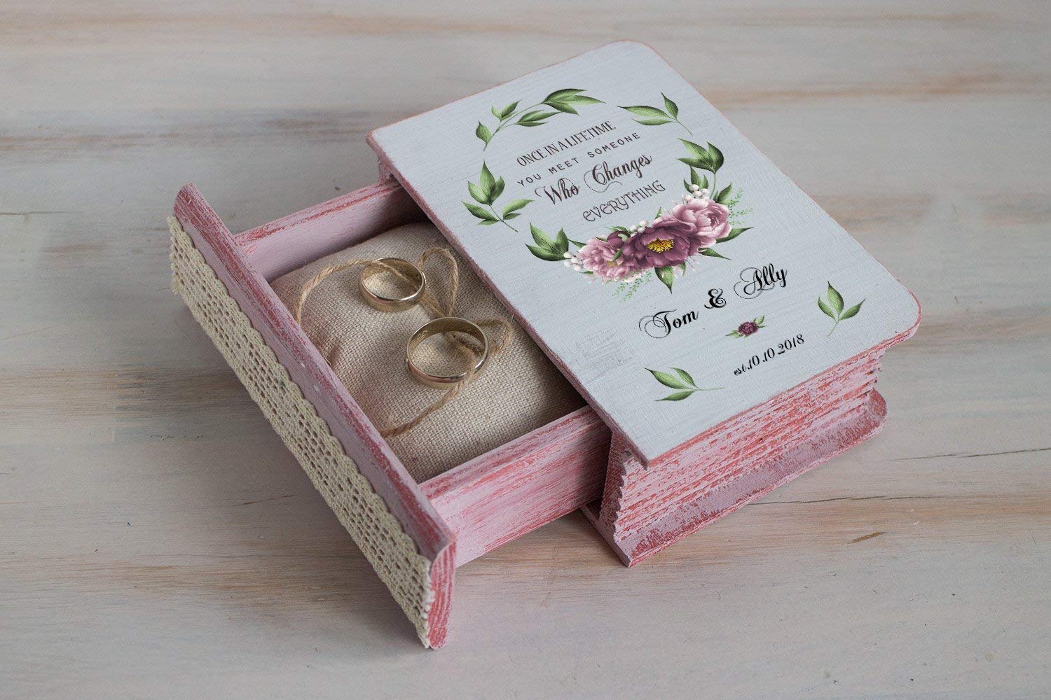 Ivory Wedding Ring Box with Floral Wreath - Personalized Engagement Ring Holder for Bride & Groom - Elegant Ring Bearer Box with Roses for Spring Weddings & Proposals