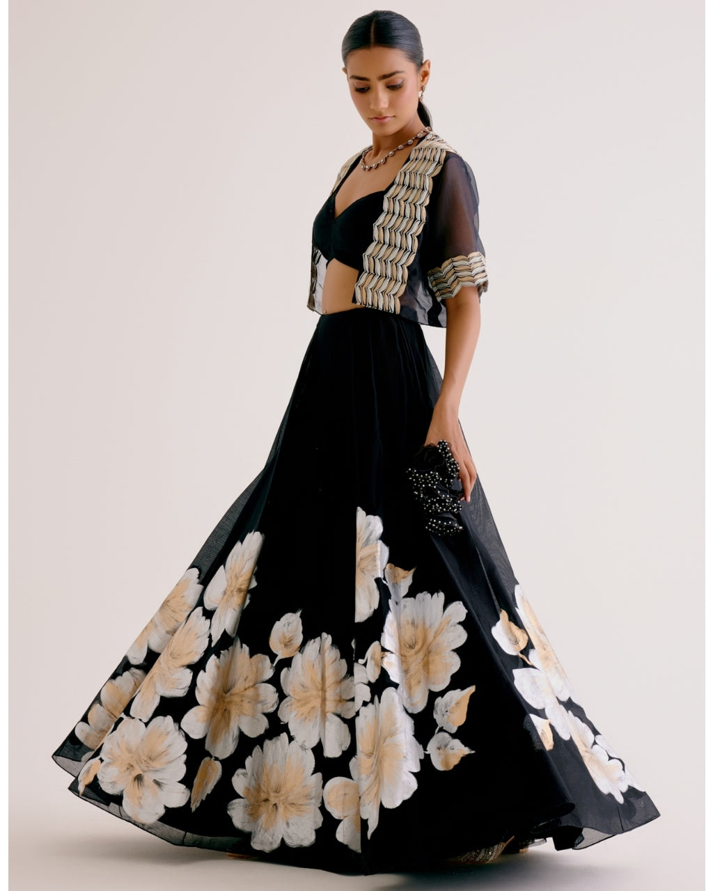 Hand-Painted Black Silk Chanderi Skirt and Cape Set - Elegant Indian Ethnic Outfit for Weddings, Parties & Special Occasions