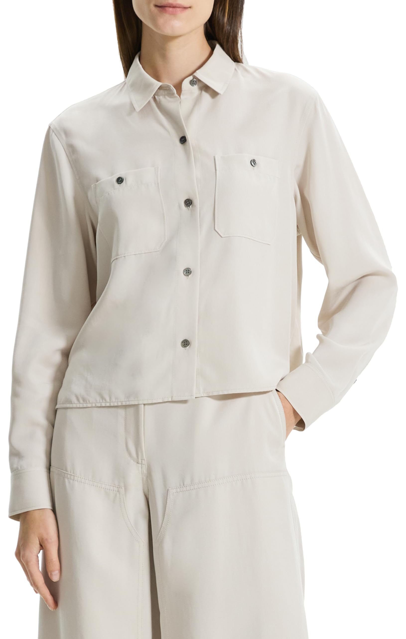 Theory Women's Long Sleeve Boxy Pocket Shirt - Casual Office Blouse for Work & Everyday Wear | Comfortable Button Down Top for Business & Weekend Outfits