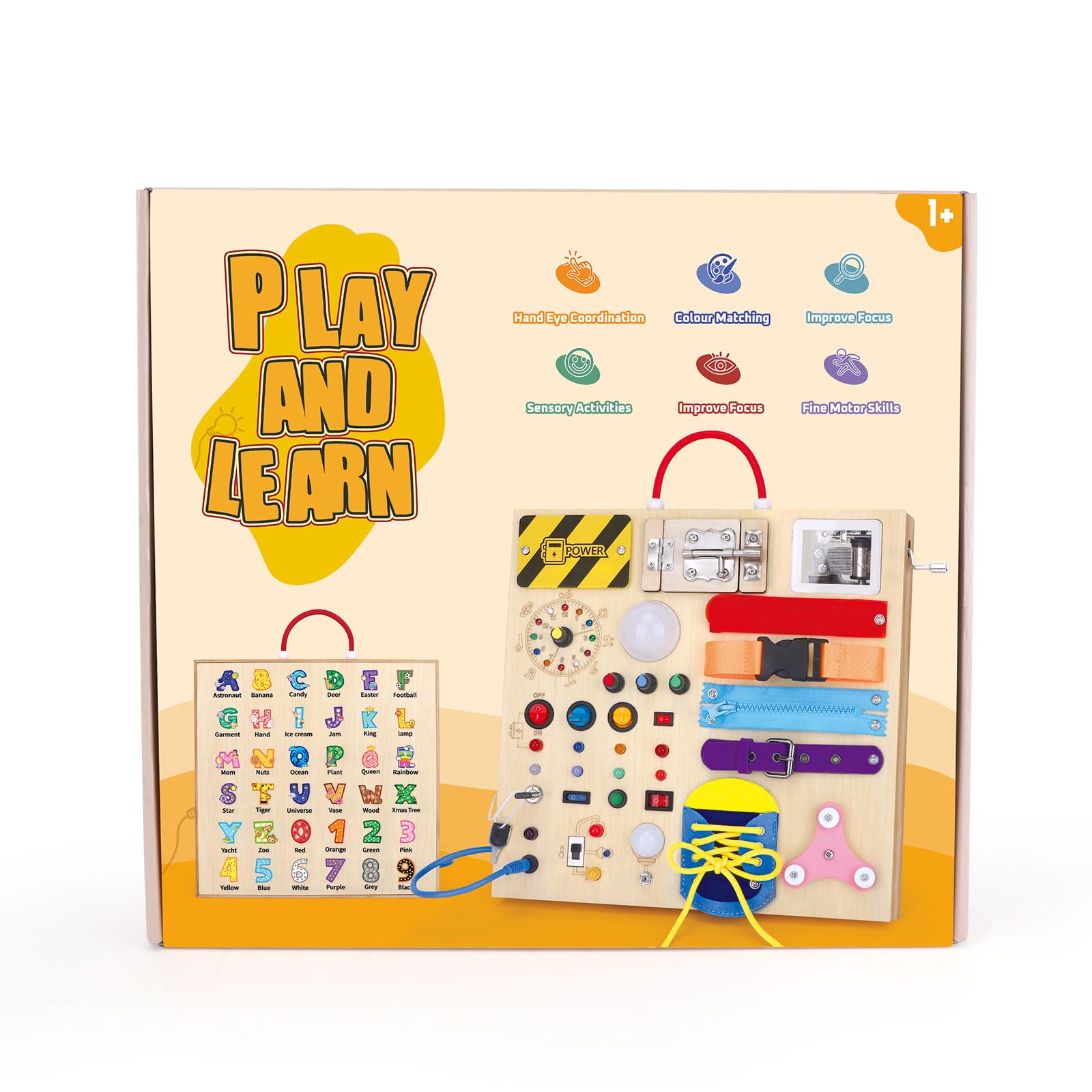 23-in-1 Montessori Busy Board - Wooden Sensory Learning Toy for Toddlers 1-3 Years Old with 15 Switches, 26 LED Lights, Music Box & Locks - Educational Activity Board for Fine Motor Skills Development - Perfect for Travel, Daycare & Autism Therapy