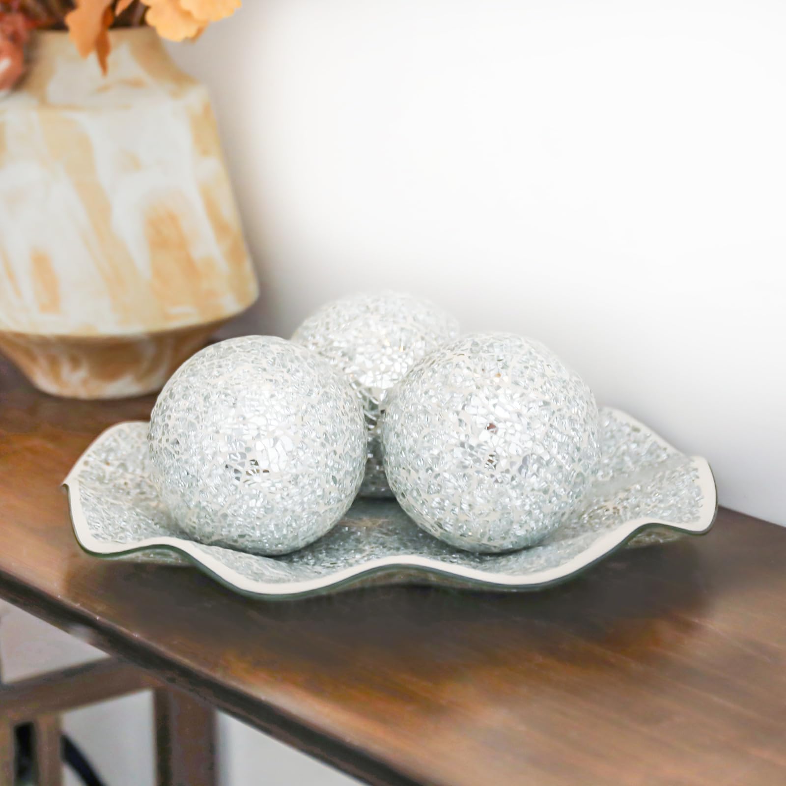 VCUTEKA 4 Inch Decorative Mosaic Glass Balls with Silver Bowl - Elegant Home Decor Centerpiece for Coffee Table, Wedding Party, Holiday Display | Perfect for Living Room, Dining Table, and Event Decorations