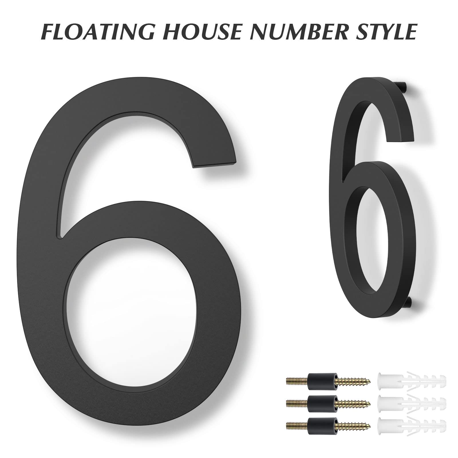 DEWEL 8 Inch Modern Floating House Numbers - Black Outdoor Address Plaque with Nail Kit for 911 Visibility (Number 6) | Perfect for Mailbox, Front Door & Curb Appeal Enhancement
