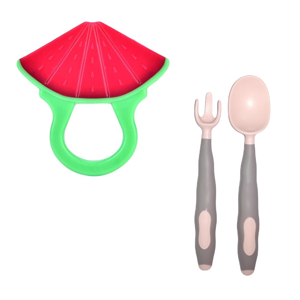 Kritiu Fruits Teether & Spoons Set - BPA-Free Silicone Baby Feeding Utensils for Infants 6+ Months | Soft, Safe & Durable | Perfect for First Foods, Weaning & Teething Relief (Red Watermelon & Peach Colors) - Ideal for Home, Travel & Daycare Use