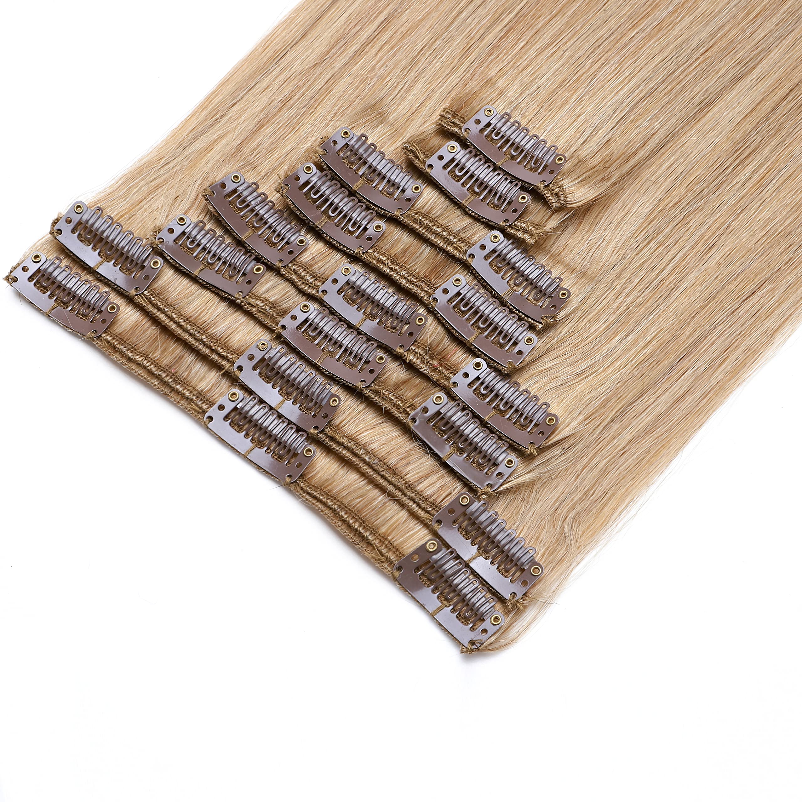 Hairro 24 Inch Clip-in Human Hair Extensions - 8 Pieces, 18 Clips, #27 Dark Blonde, Long Straight Real Hair Extensions for Women - Perfect for Volume, Length & Styling for Parties, Weddings & Daily Wear