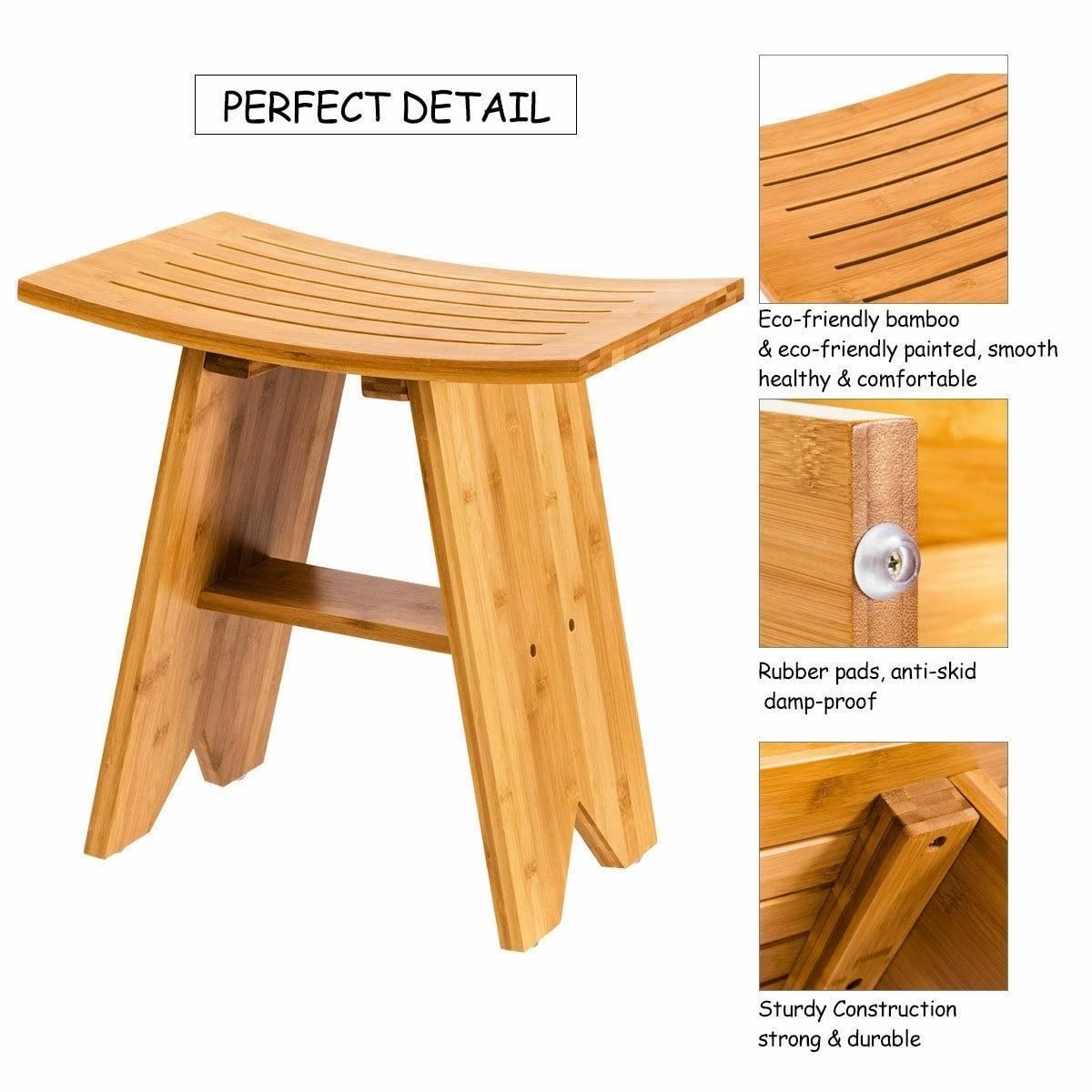 18 Inch Bamboo Shower Bench with Shelf - Anti-Slip Rubber Pads, Smooth Surface Bathroom Stool & Organizer | Perfect for Spa, Bathroom Storage & Relaxation