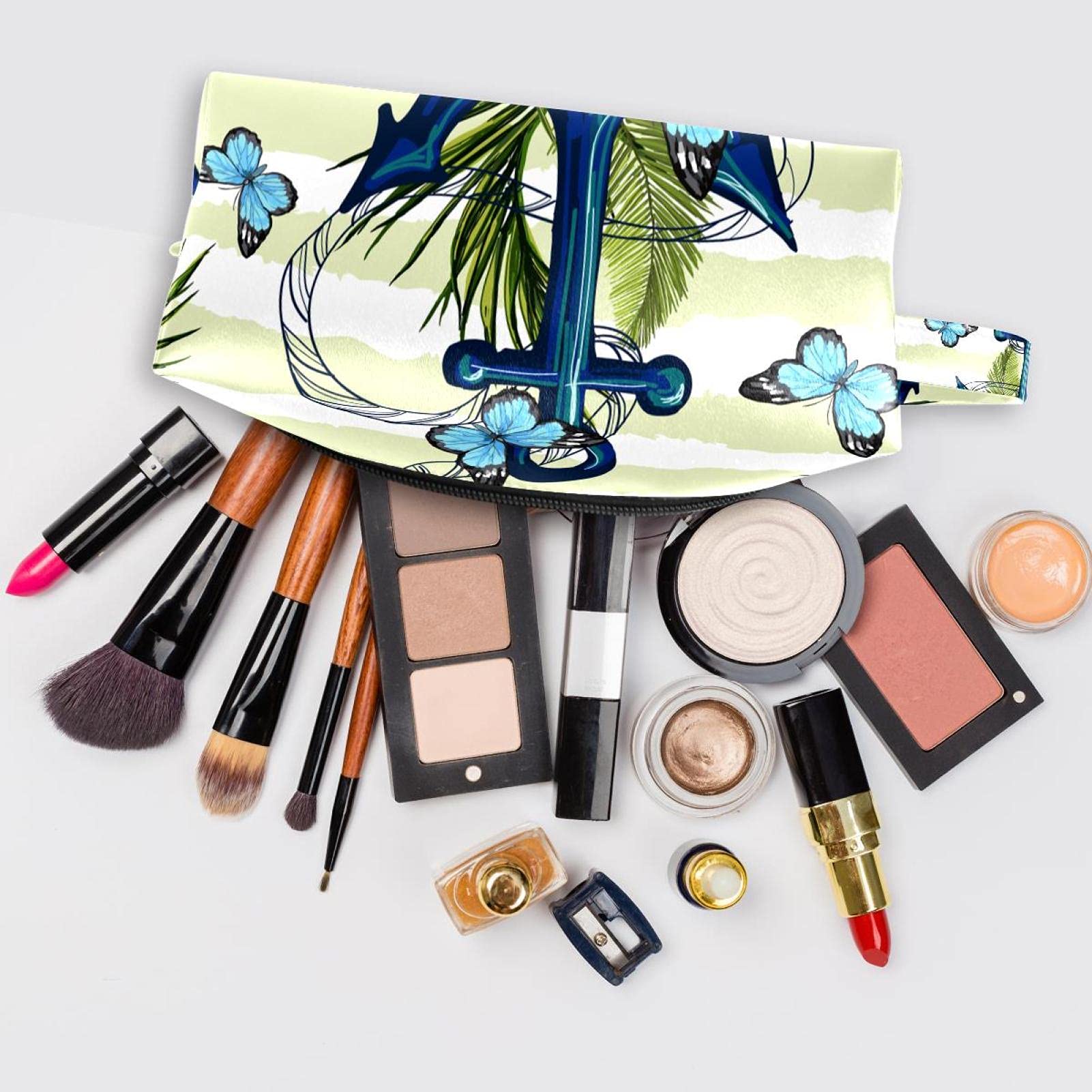 Portable Travel Cosmetic Bag with Carry Handle - Waterproof Toiletry Organizer for Women & Girls | Brush Pouch, Butterfly Green Stripes Design | Perfect for Vacation, Gym, and Daily Makeup Storage