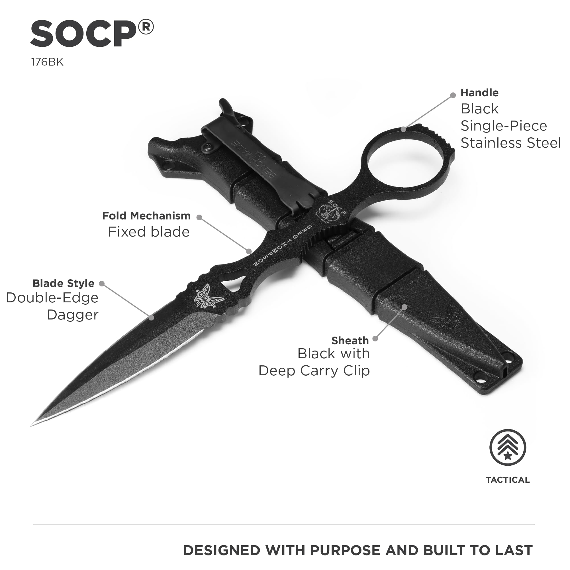 Benchmade SOCP Knife - Double Edge Dagger Blade with Plain Edge & Black Handle | Tactical Self-Defense, Outdoor Survival, EDC Gear for Military & Camping