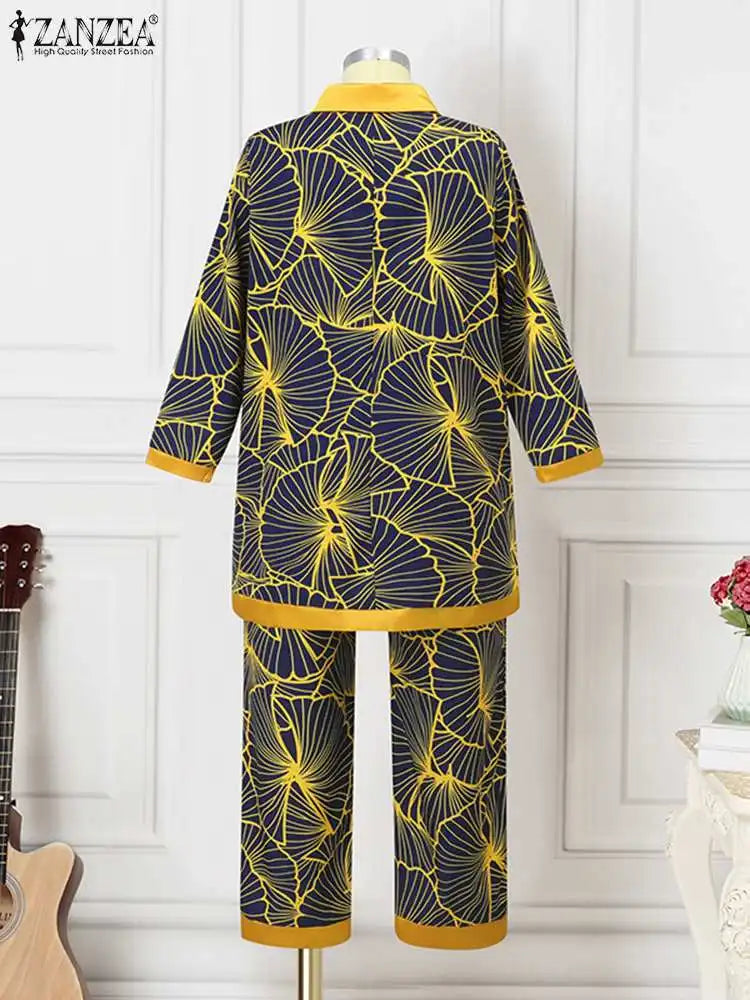 ZANZEA Women's Retro Printed 2-Piece Pant Set - Long Sleeve Lapel Shirt & Elegant Trousers Outfit | 2023 Fashion Tracksuit for Holiday & Casual Wear