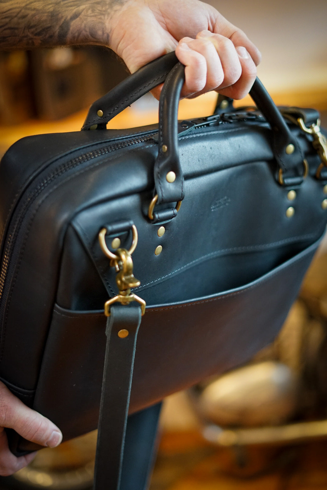 Professional Business Bag for Men & Women - Flat Black with Brush Brass Hardware - Stylish Work Tote for Office, Commute & Business Travel