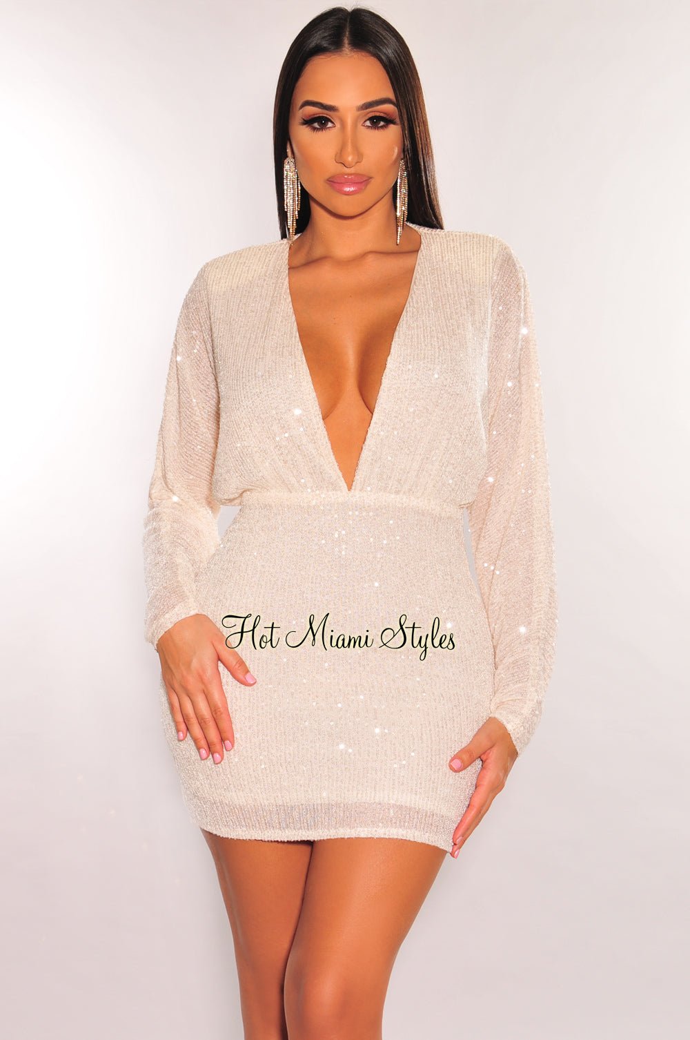 Sparkling Cream Sequin Plunge V-Neck Long Sleeve Mini Party Dress - Perfect for Evening Events, Cocktail Parties & Holiday Celebrations