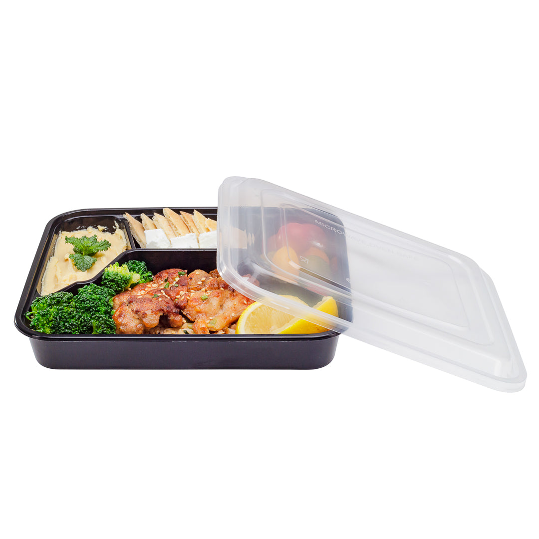 34 oz Black Plastic 4-Compartment Meal Prep Containers with Clear Lids - Microwave Safe (8.75