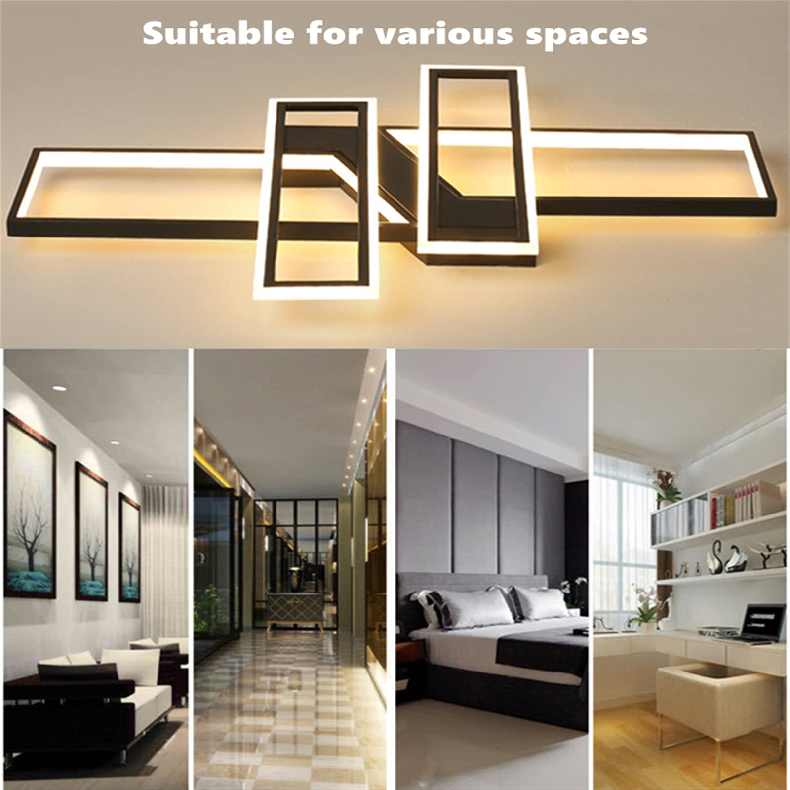 47.2 Inch Modern LED Ceiling Light Fixture - 116W Black Dimmable Chandelier with Remote Control, Rectangular Flush Mount Geometric Lighting for Dining Room, Bedroom & Living Room | Energy-Efficient Home & Office Decor