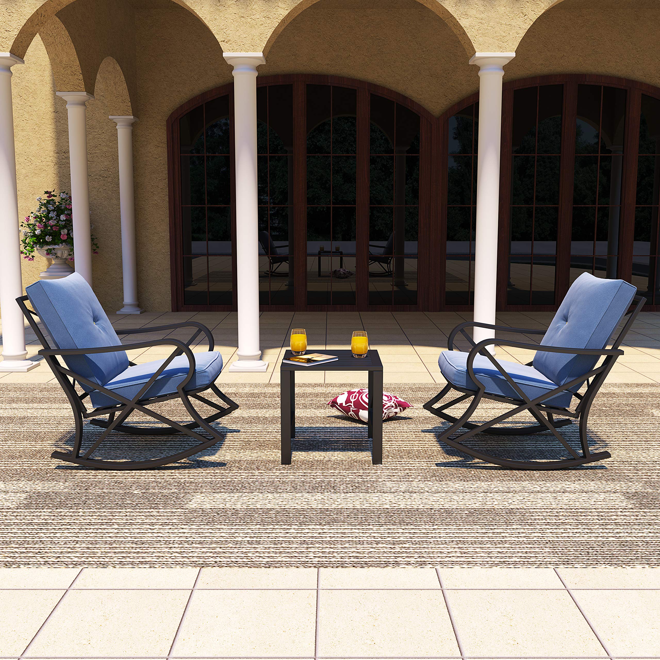 PatioFestival 3-Piece Outdoor Rocking Chair Bistro Set with Coffee Table & Thick Cushions - Metal Garden Furniture for Backyard, Lawn, Porch, Poolside (Blue) - Perfect for Relaxing, Entertaining & Outdoor Dining