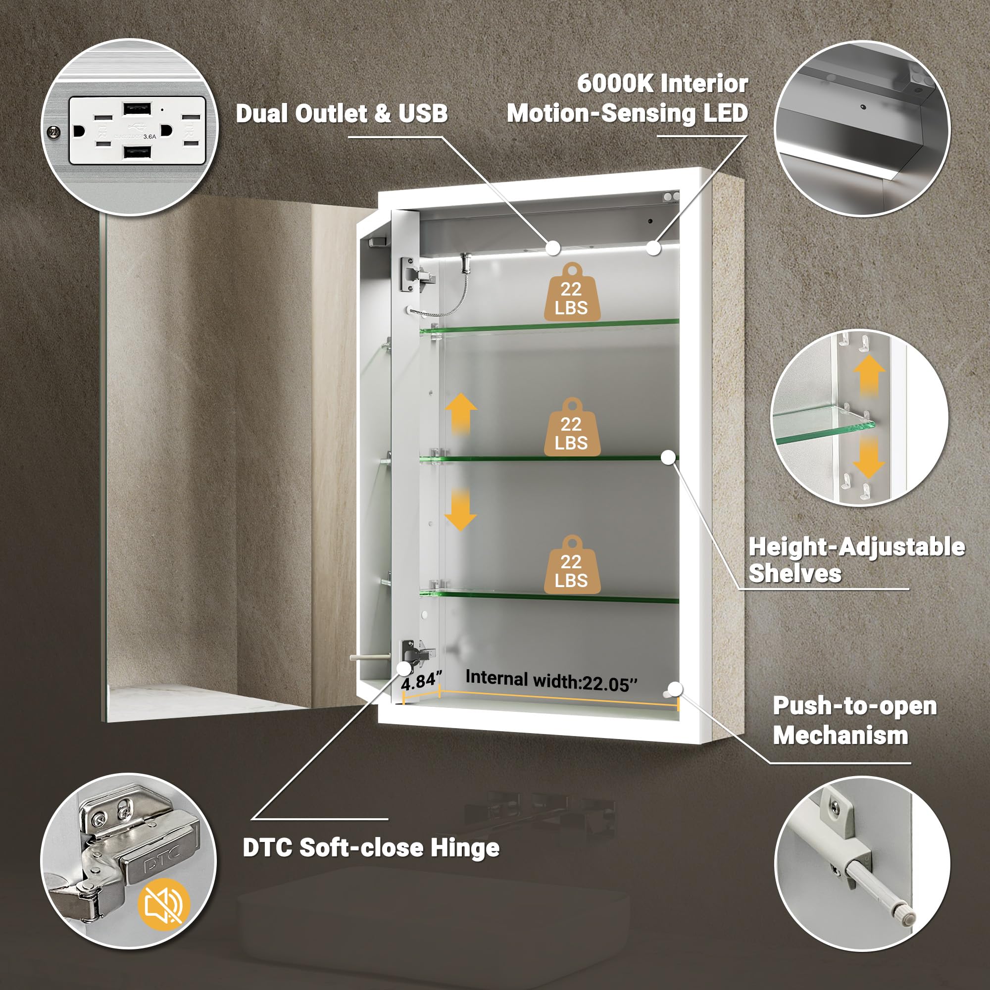 24x32 Inch LED Medicine Cabinet with Mirror - Dimmable, Fogless Aluminum Bathroom Storage with Outlet, Time Display & Motion Sensor Light | Perfect for Modern Bathrooms, Vanities & Spa-Like Retreats