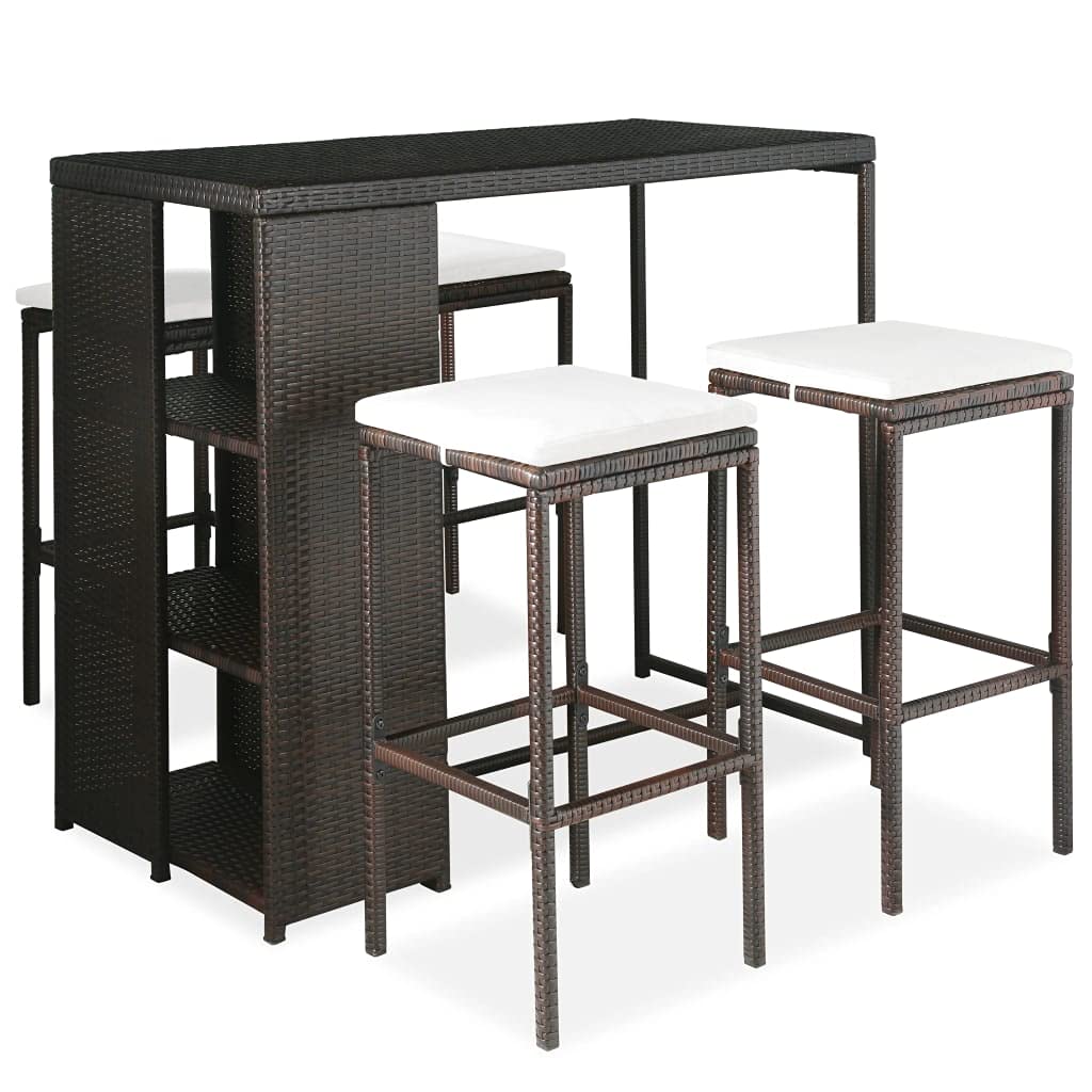 5-Piece Brown & Cream Poly Rattan Outdoor Dining Set with Cushions - Patio Bistro Pub Furniture for Backyard, Garden, Lawn - Perfect for Al Fresco Dining & Outdoor Entertaining