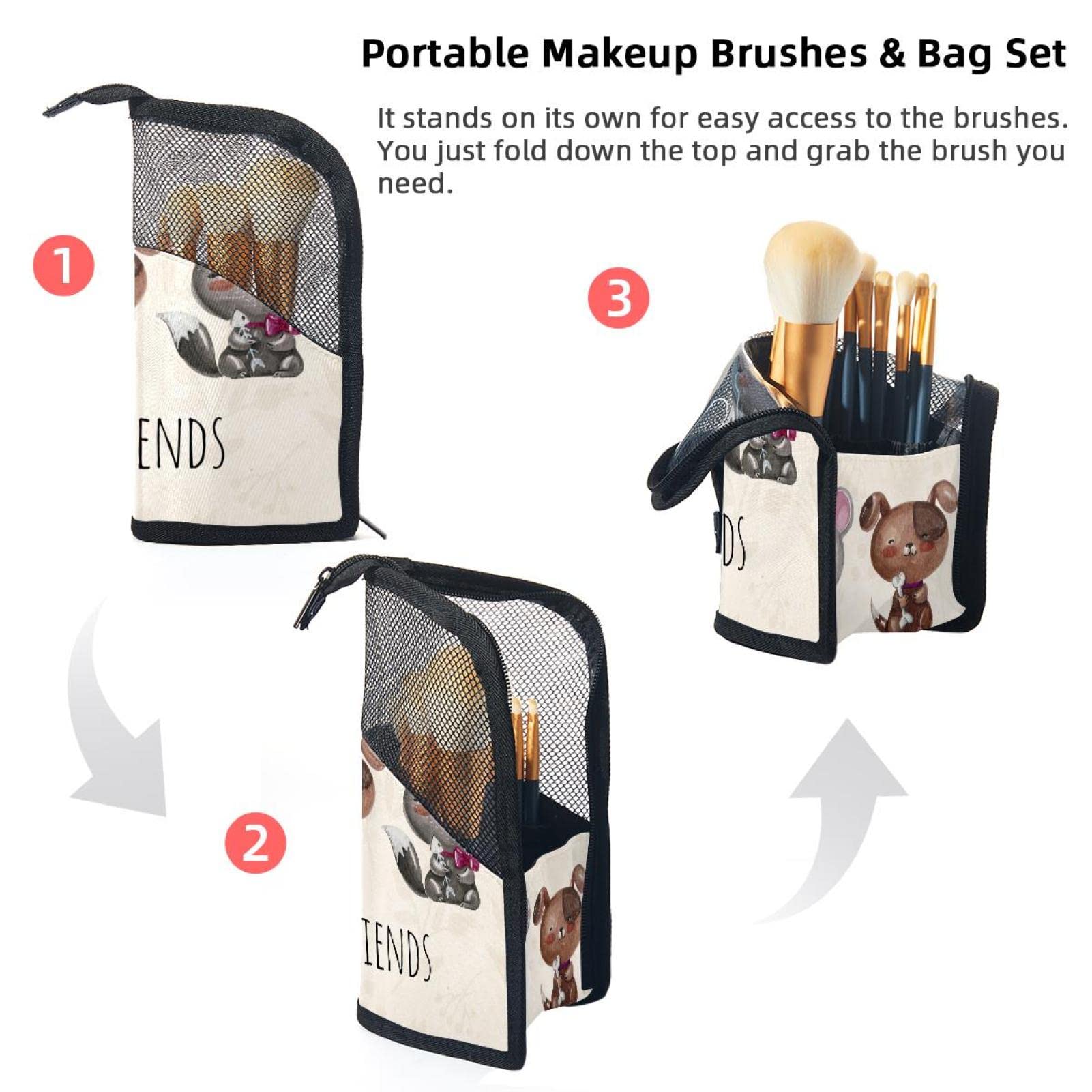 12-Piece Makeup Brush Organizer Bag with Cute Mouse, Dog & Kitten Design - Portable Cosmetic Brush Holder Case for Travel, Home & Professional Makeup Artists