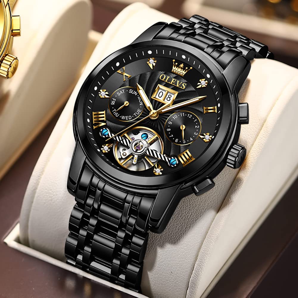 OLEVS Men's Automatic Skeleton Watch - Self-Winding Mechanical Watch with Luminous Hands, Waterproof, Diamond Accents, Week & Month Display - Perfect for Business, Dress & Casual Wear
