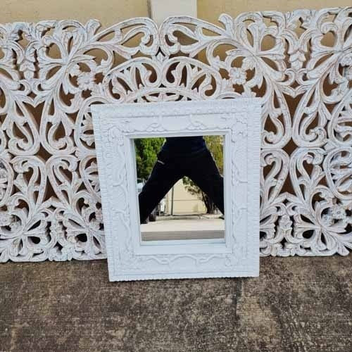 Hand Carved Indian Solid Wood Wall Mirror with Floral Pattern - White Wash Finish - 22x26 Inches - Boho Home Decor for Living Room, Bedroom & Entryway