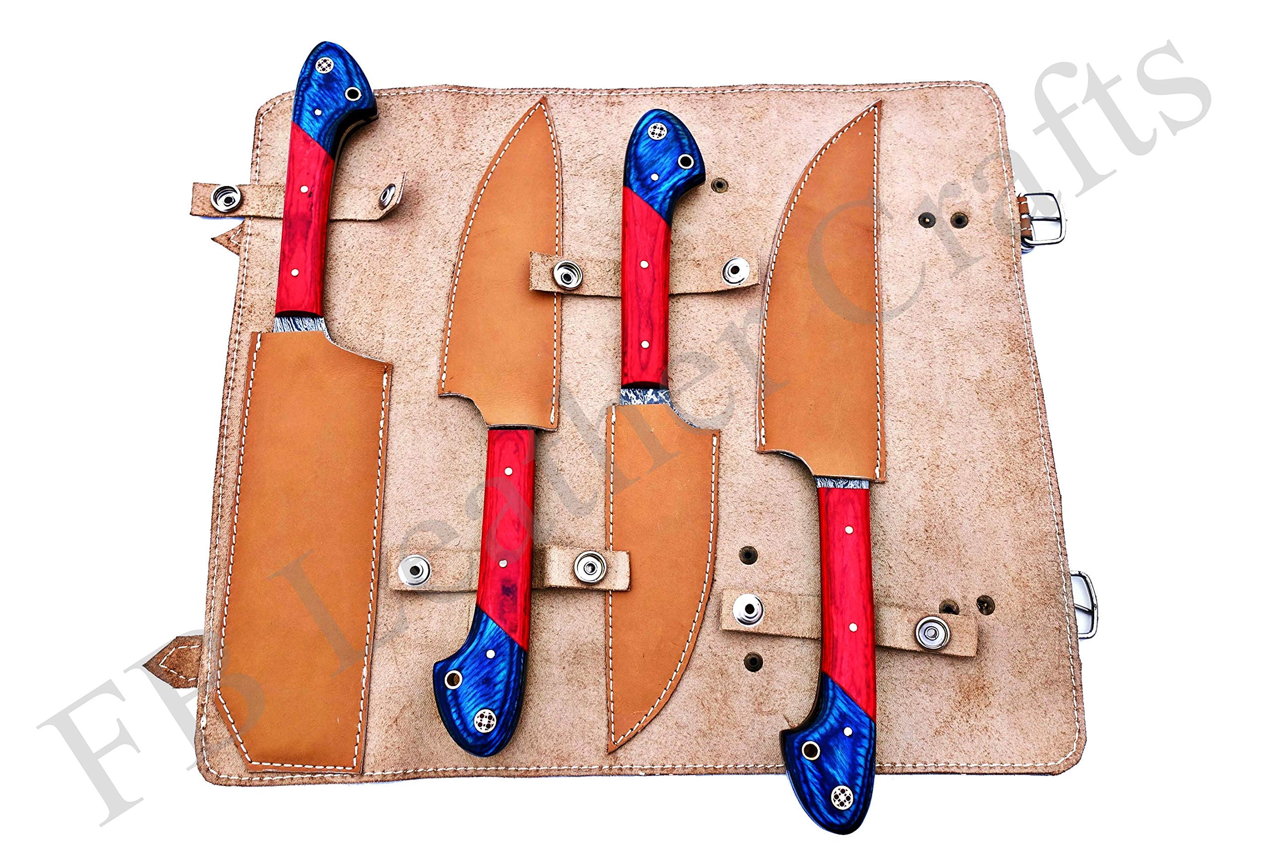 Premium Damascus Steel Knife Set - Hand Forged 4-Piece Chef & BBQ Knives with Colored Wood Handle (Red/Blue) - Perfect for Professional Cooking, Outdoor Grilling & Kitchen Gift