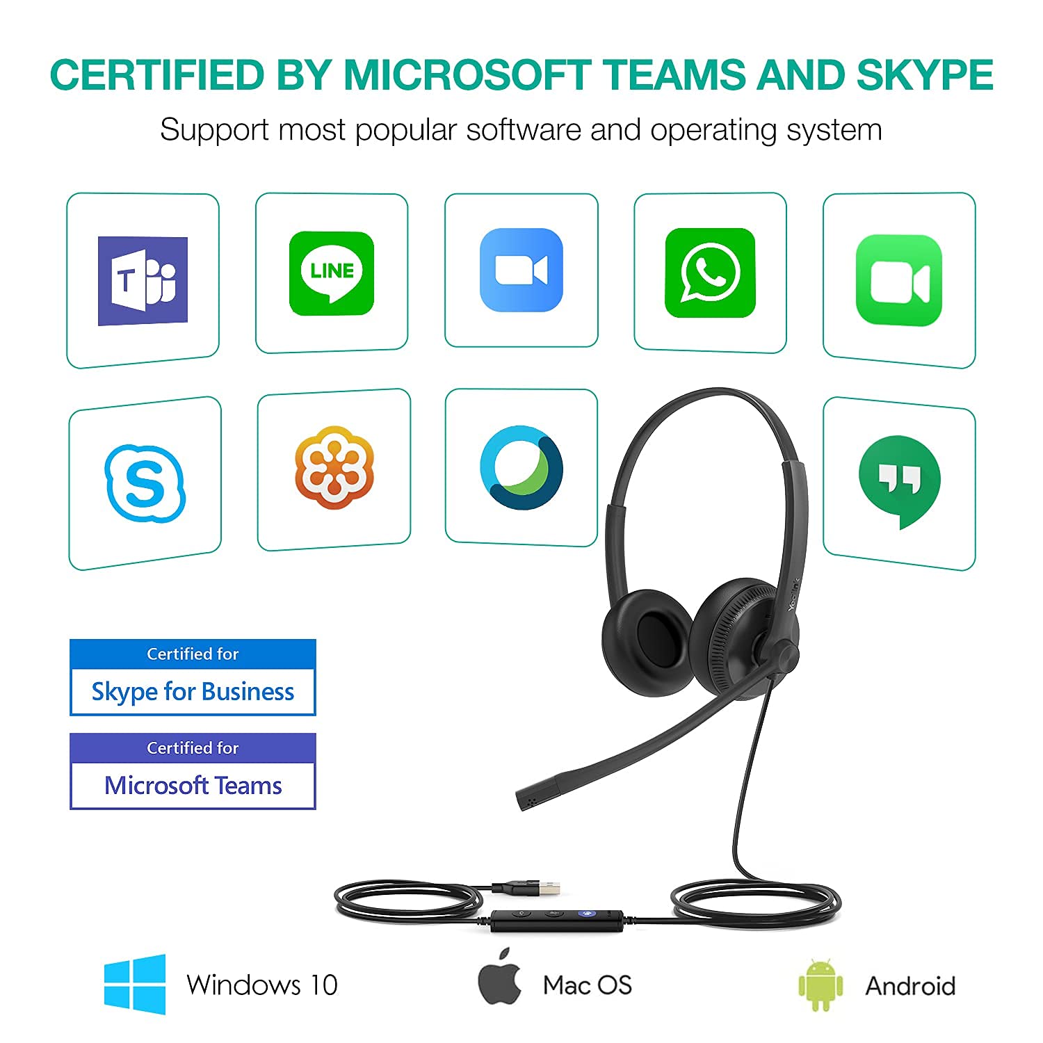 Yealink UH34 USB Headset with Noise Cancelling Microphone - Certified for Teams & Zoom - Lightweight 118g Wired Computer Headset with Soft Ear Cushions & Teams Button - Perfect for Remote Work, Online Meetings & Call Centers
