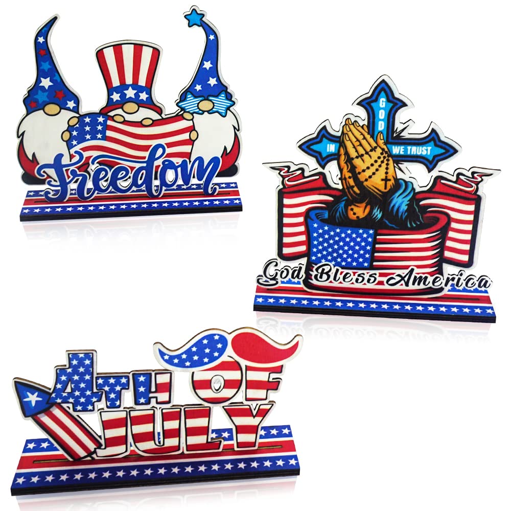 3PCS Patriotic Wooden Table Centerpiece Decorations - Memorial Day & 4th of July Party Supplies for Dining Table, Fireplace Mantel, and Outdoor BBQ Decor