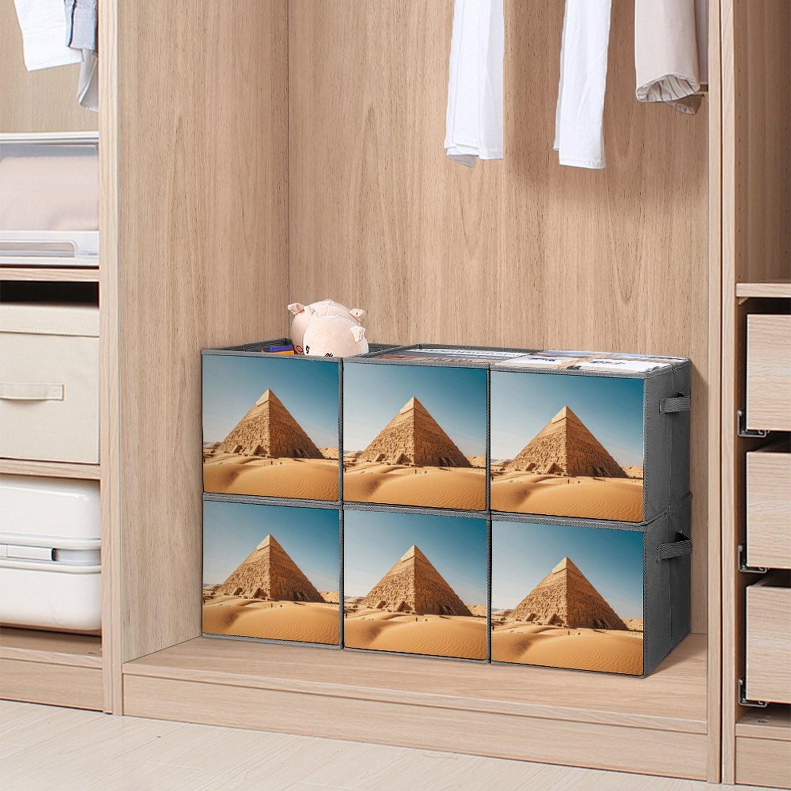 6PCS Collapsible Storage Bins - Egyptian Pyramid Design Foldable Organizer Baskets with Handles for Home, Kitchen, Bathroom & Office Organization - Space Saving Storage Containers for Shelves, Closet & Pantry