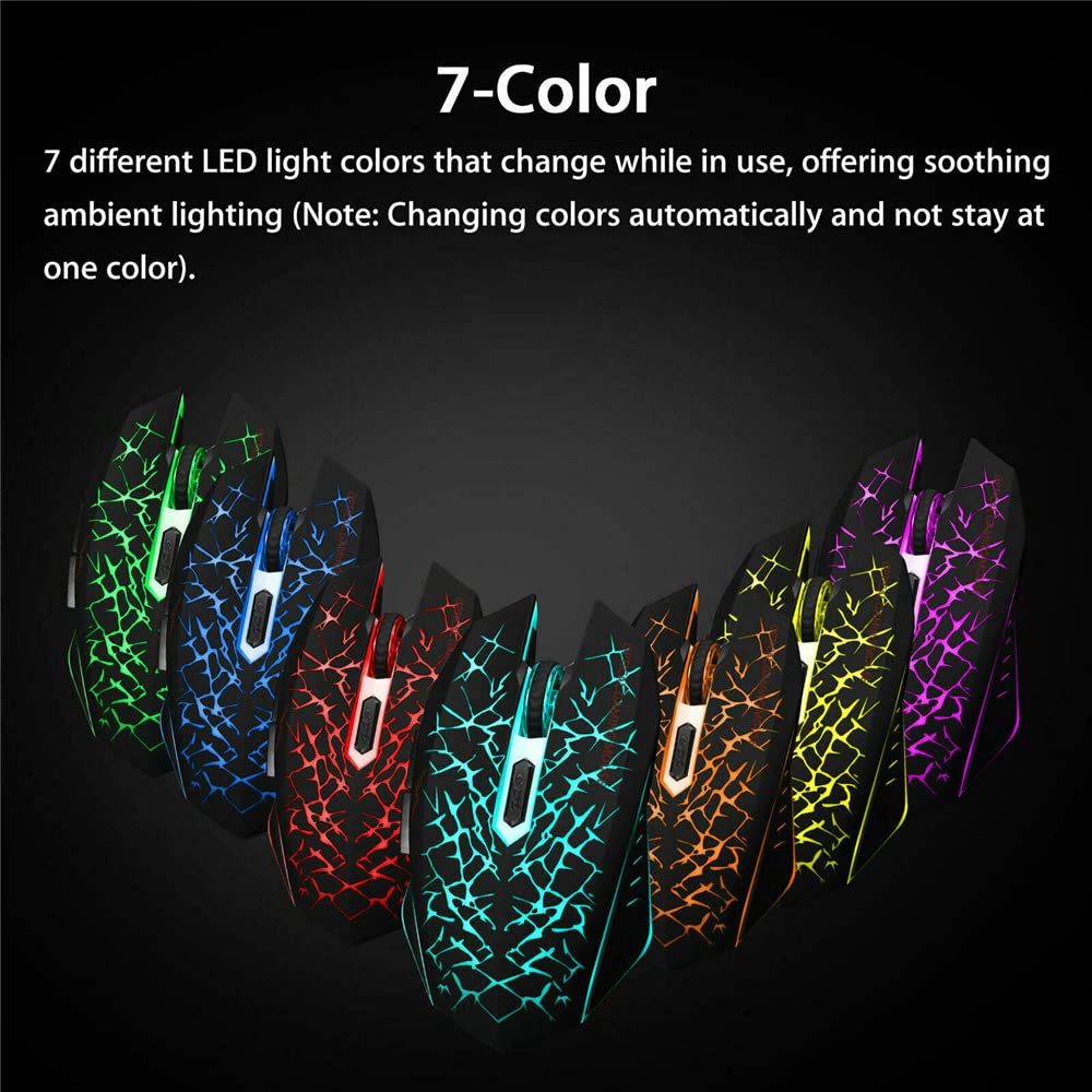 Wireless USB Optical Gaming Mouse with 7-Color LED Backlit, Rechargeable for PC - Perfect for Gaming, Office Work & Home Use