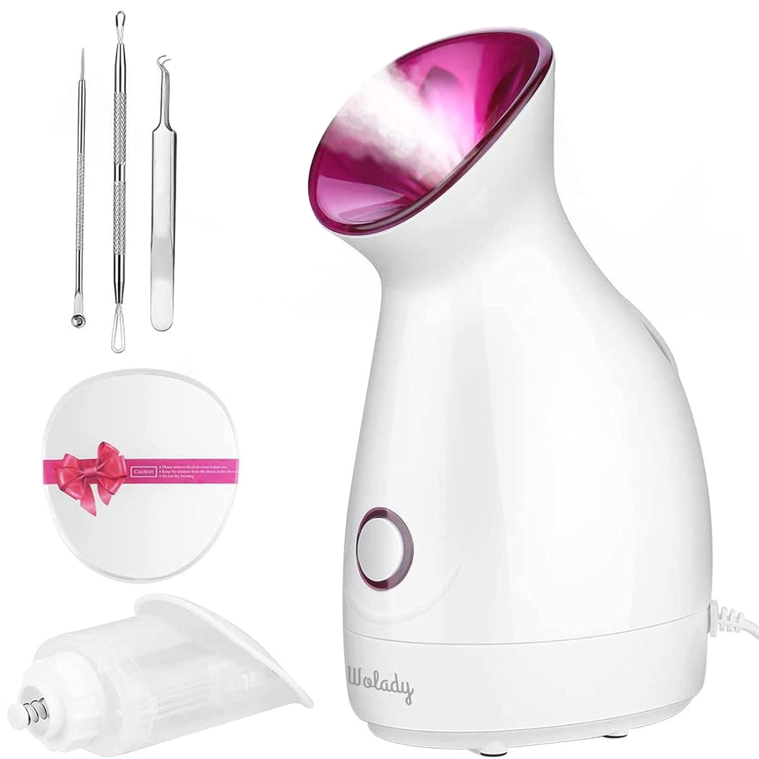 Wolady Nano Ionic Facial Steamer with UV Light - Hot Mist Moisturizer for Deep Cleansing, Pore Care & Blackhead Removal - Includes Blackhead Extractor Kit - Perfect for Home Spa & Facial Treatments (Pink)