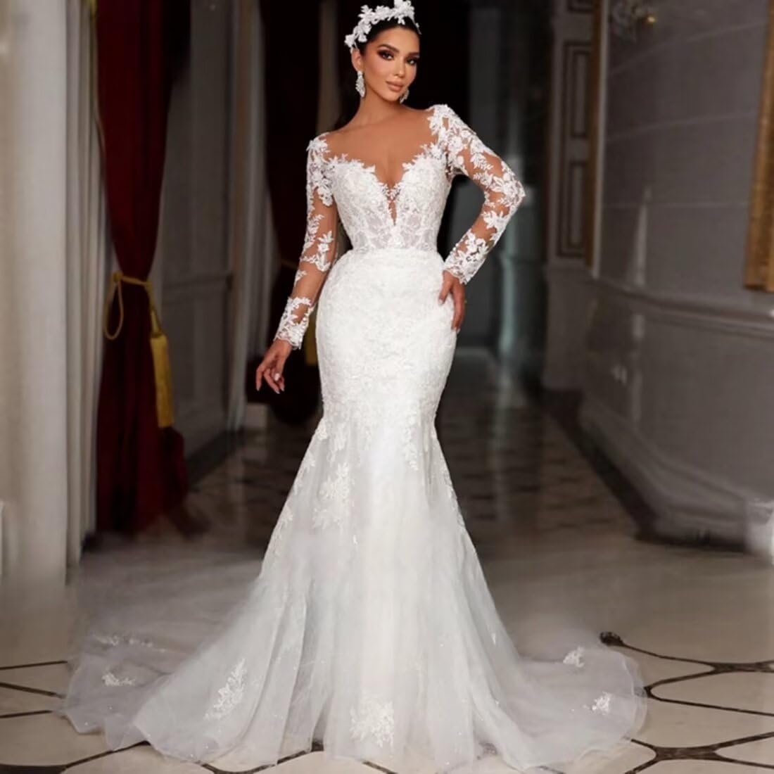 Elegant Long Sleeve Mermaid Wedding Dress with Lace Appliques & Detachable Train - 2025 Bridal Gown for Bride | Perfect for Church Ceremony, Beach Wedding, and Formal Reception