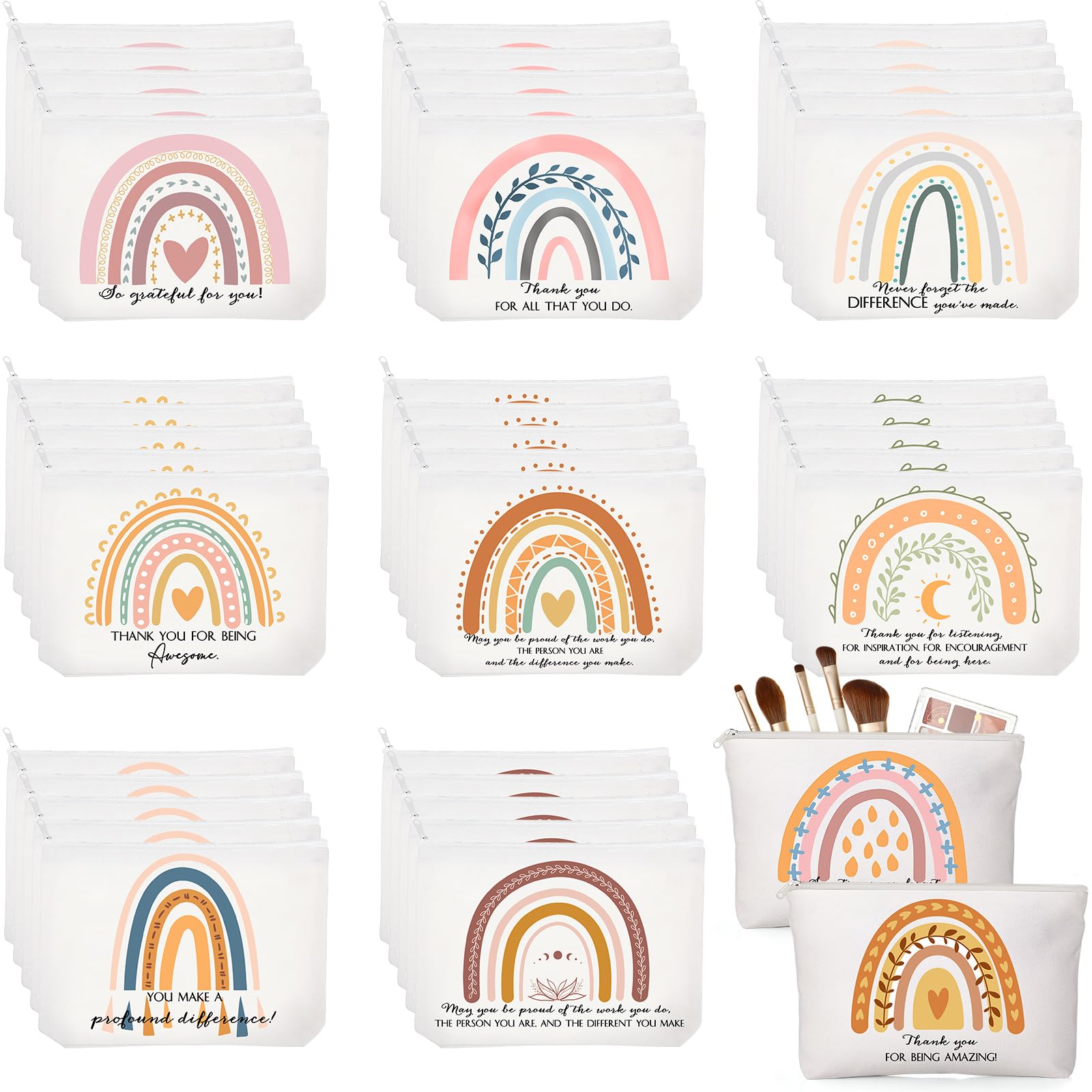 50 Pcs Rainbow Canvas Makeup Bags Bulk - Inspirational Cosmetic Bags with Zipper - Perfect Thank You Gifts for Teachers, Employees, Coworkers, Women, Assistants, Secretaries & Nurses - Great for Travel, Storage & Appreciation Events