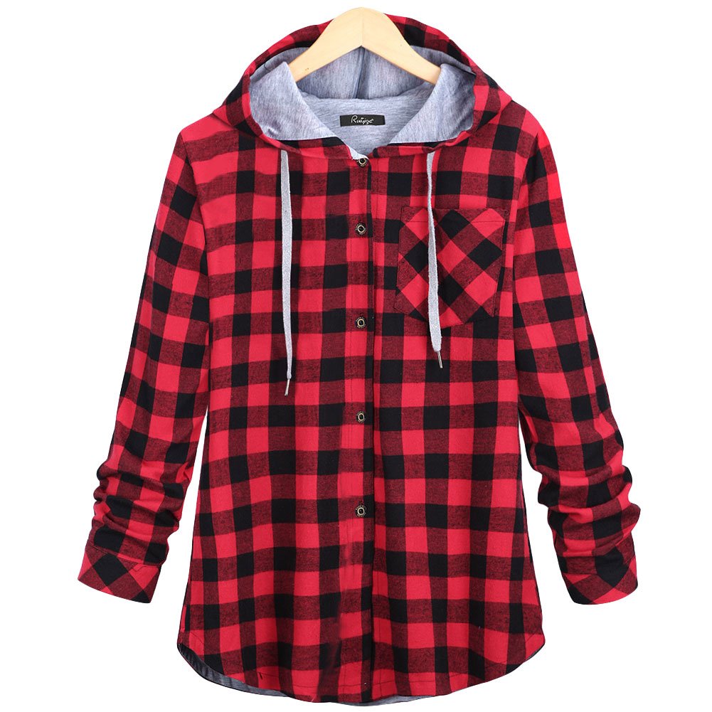 King Ma Women's Plaid Button Up Hoodie Jacket - Stylish Fleece Pullover for Casual Wear, Fall & Winter Outfits, Layering, Office & Outdoor Activities