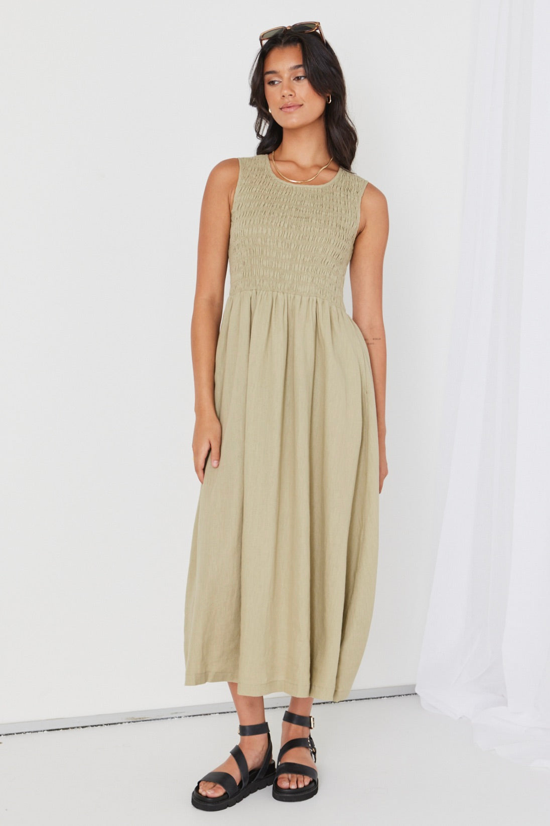 Bryar Light Khaki Linen Sleeveless Shirred Bodice Midi Dress for Women - Summer Beach Vacation & Casual Outfit