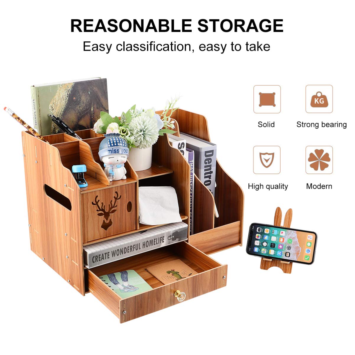 DOITOOL Wooden Desktop Storage Box - File Organizer, Bookshelf & Office Supplies for Paper Files, Books & Documents - Perfect for Home Office, Study & Workspace Organization