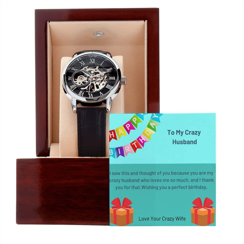 Happy Birthday Husband Men's Openwork Skeleton Watch with Mahogany Gift Box - Luxury Mechanical Timepiece for Men - Perfect Anniversary, Father's Day & Retirement Gift for Him - Ideal for Business, Formal Events & Special Occasions