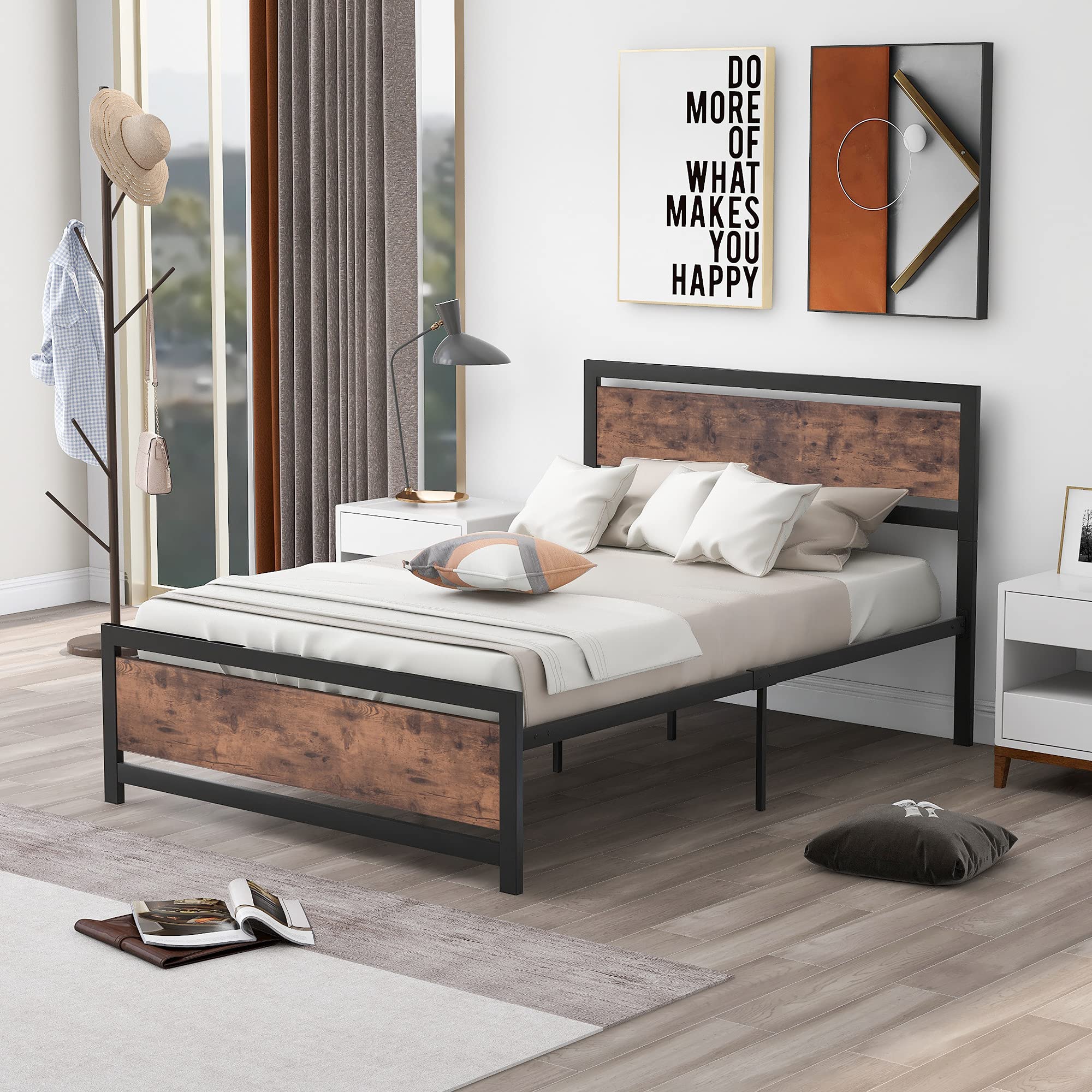 Rustic Country Style Full Size Metal Bed Frame with Wooden Headboard & Footboard - Heavy Duty Steel Slat Support, Mattress Foundation - Perfect for Farmhouse, Cottage & Vintage Bedroom Decor (Black)