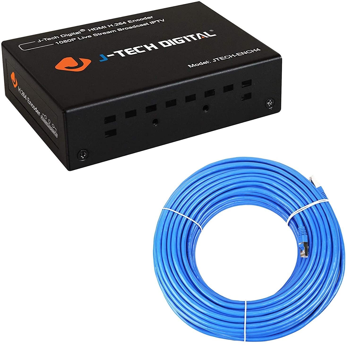 J-Tech Digital H.264 IP Encoder 1080p@60Hz - RTSP/RTP/RTMPS/RTMP/HTTP/UDP/ONVIF Compatible with 150ft 23AWG Cat6 UTP Ethernet Cable (Pure Copper) for High Performance Video Streaming - Perfect for Security Systems, Live Broadcasting & Remote Monitoring