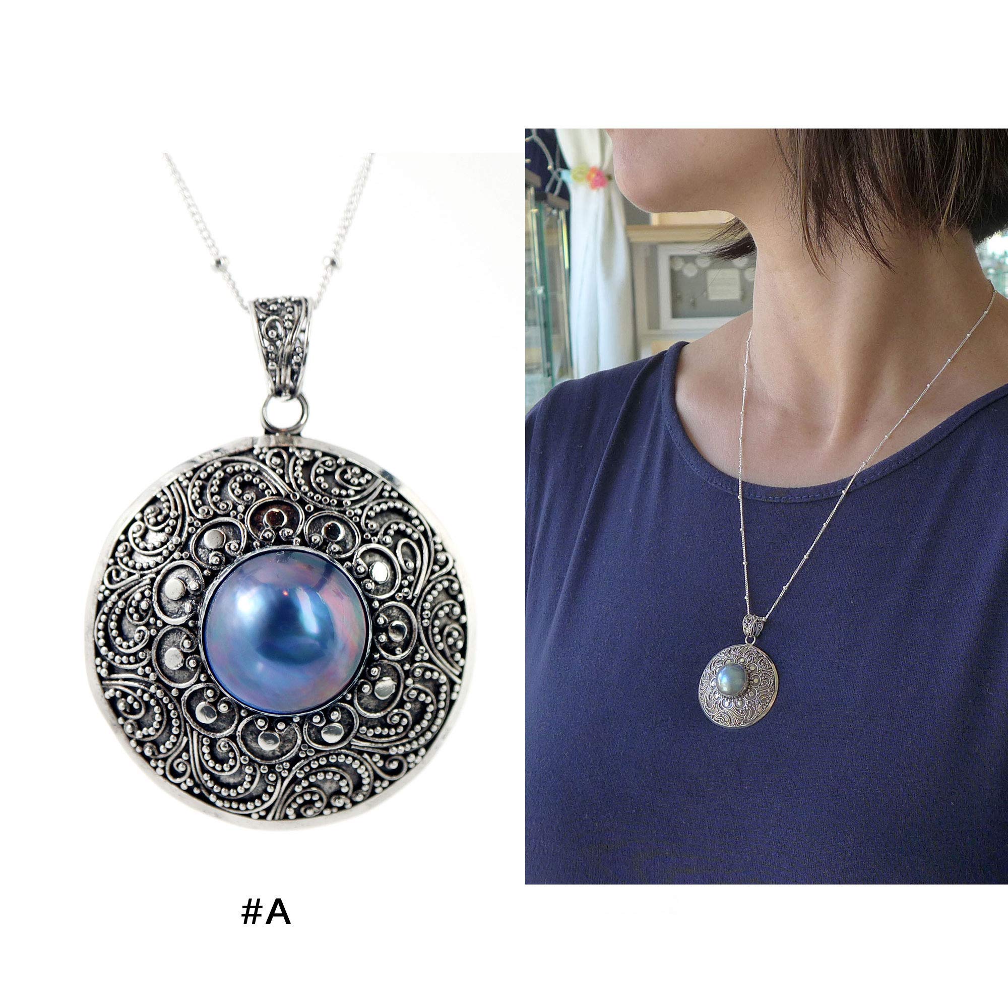 Elegant Purple Grey Mabe Pearl Sterling Silver Pendant Necklace - 20 Inch Bali Silver Jewelry for Women | Perfect for Weddings, Parties & Special Occasions