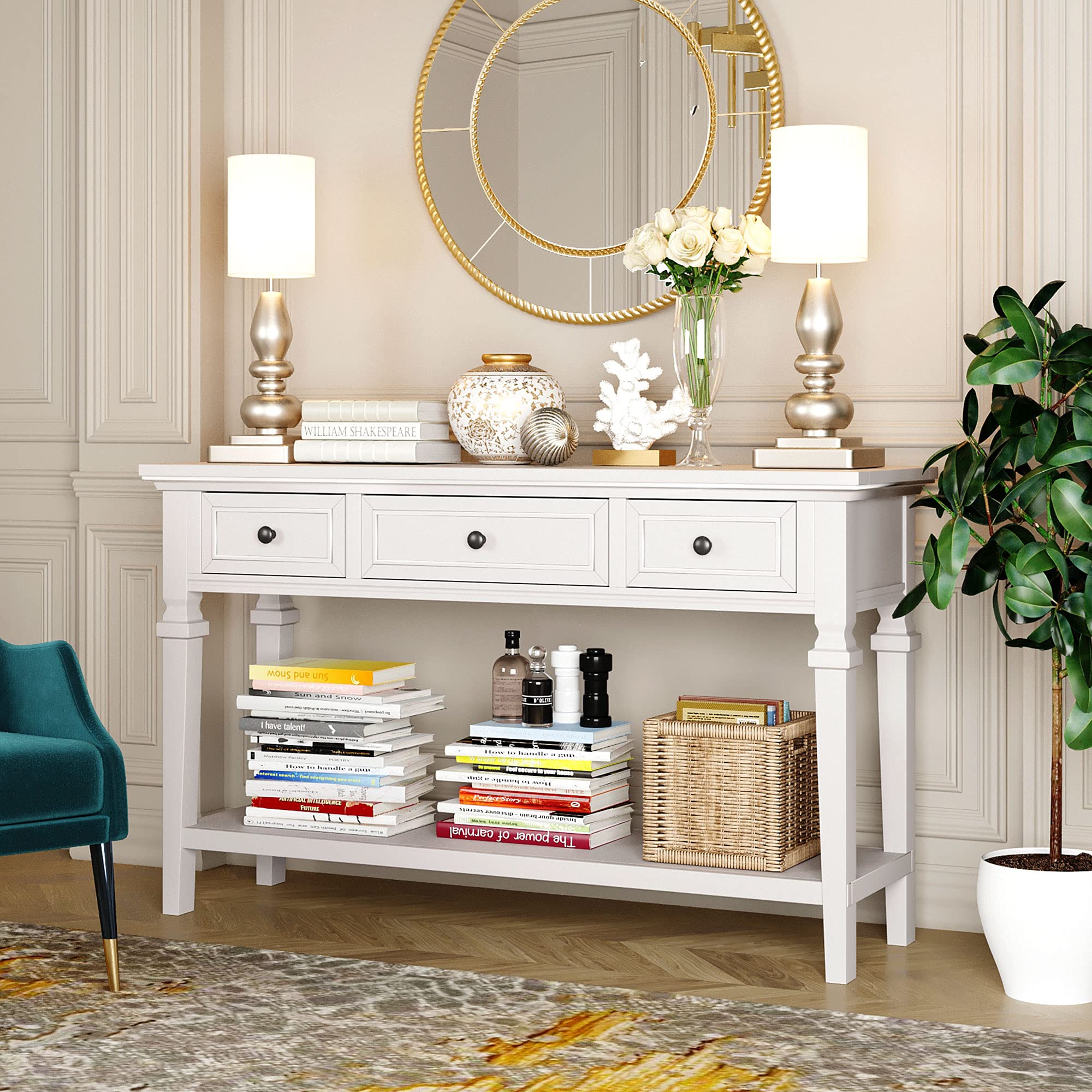 Harper & Bright Designs 3-Drawer Console Table with Open Bottom Shelf - Classic Retro Style Entryway Table for Living Room, Hallway & Bedroom - Antique White Finish | Perfect for Home Decor, Small Space Storage & Entry Organization