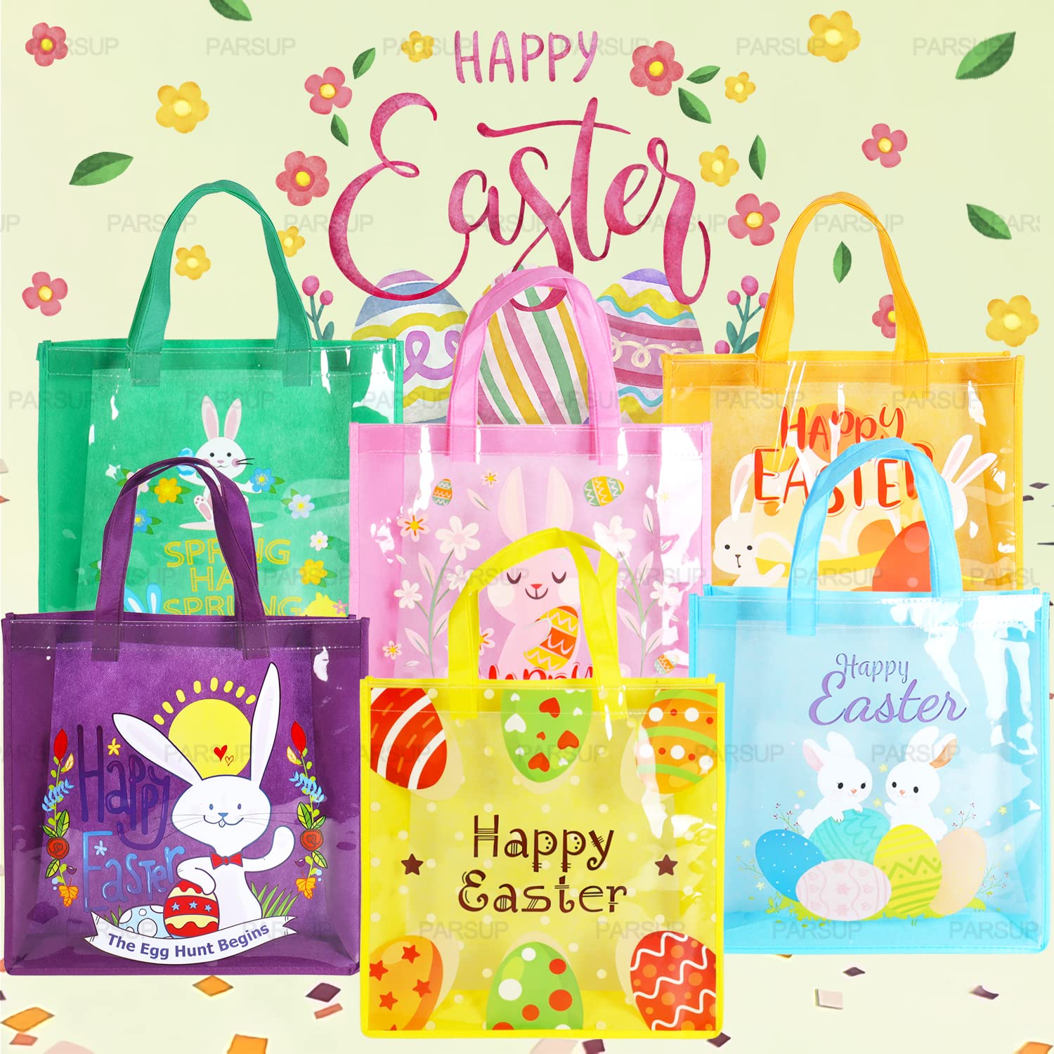 6PCS Easter Egg Hunt Bags - Bunny Carrot Chick Themed Treat Bags with Handles, 13