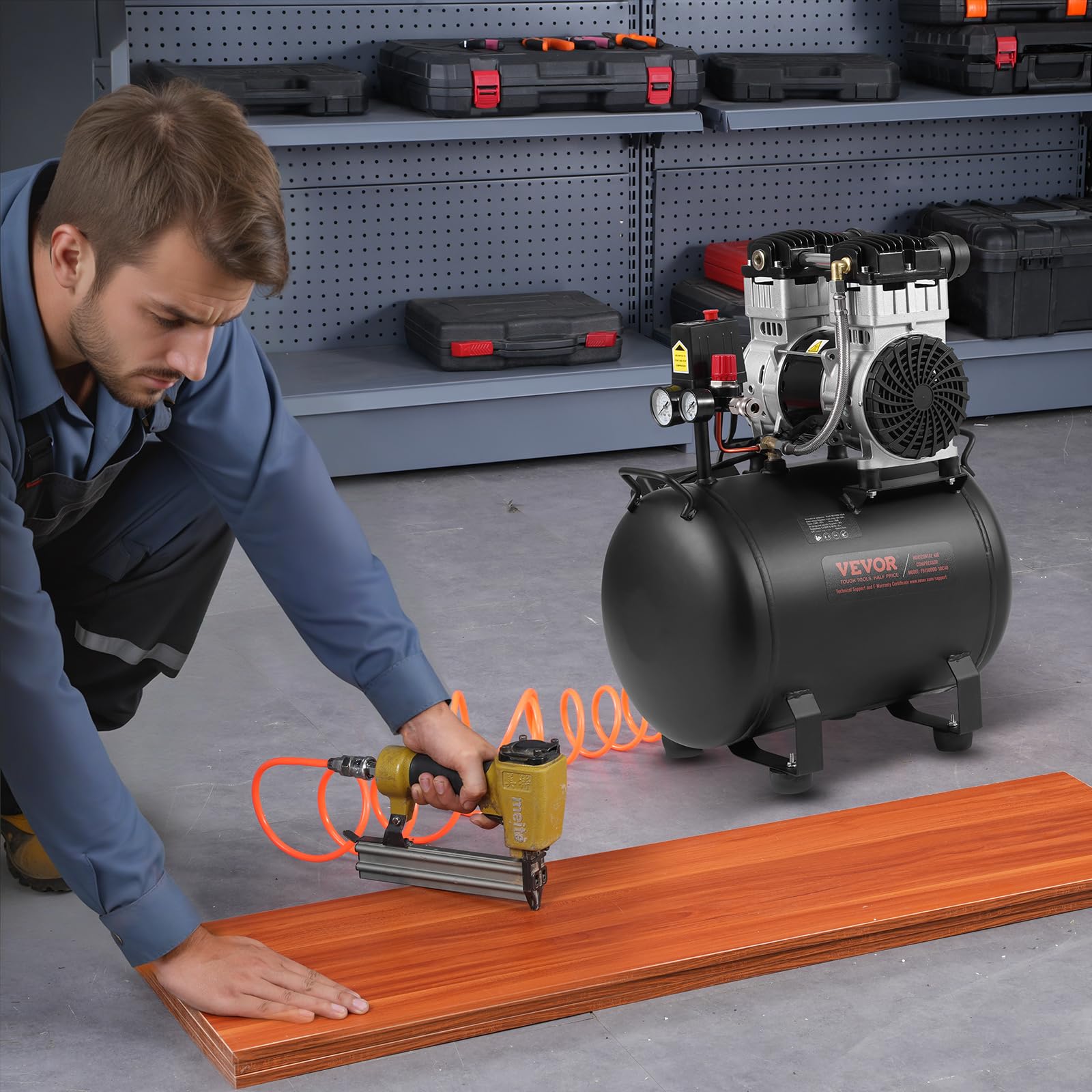 VEVOR 10 Gallon Steel Tank Air Compressor, 2HP 5.3 CFM@90 PSI Oil-Free, 125PSI Max Pressure, 78dB Ultra Quiet Portable Compressor for Auto Repair, Tire Inflation, Spray Painting - Perfect for Home Garage, DIY Projects, and Professional Workshops