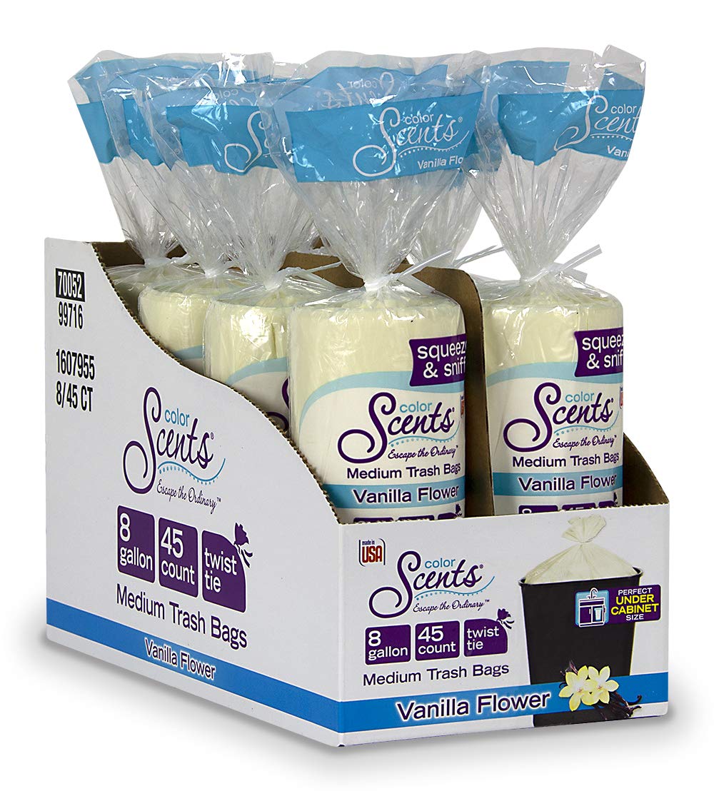 Color Scents Medium Trash Bags - 8 Gallon, 360 Count (8 Packs of 45), Vanilla Scented Kitchen Garbage Bags with Twist Ties for Home, Office & Bathroom Waste Disposal
