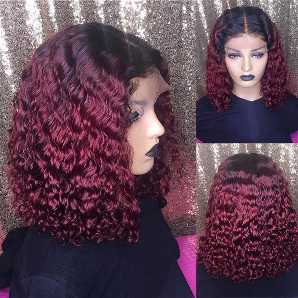ZYC Burgundy Red Ombre Short Human Hair Wig - Pre Plucked Curly Blonde Lace Front Bob Wig with Deep Part | 12inch Brazilian Remy Hair | Natural Look for Daily Wear & Cosplay