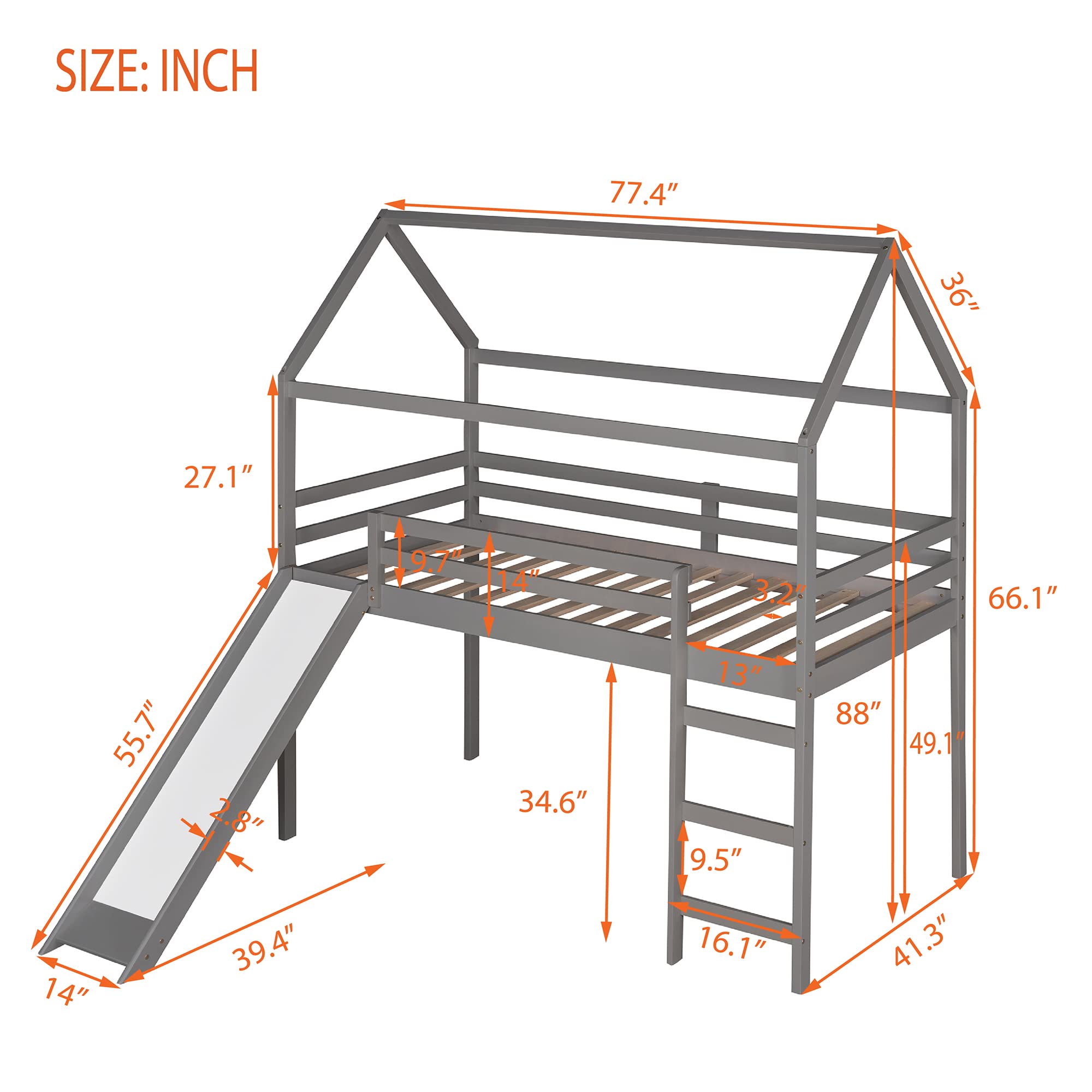 Bellemave Twin Loft Bed with Slide - Kids Wooden House Bed with Ladder & Guardrails - Space-Saving Grey Loft Bed for Small Rooms - Perfect for Kids' Bedroom, Playroom or Dormitory
