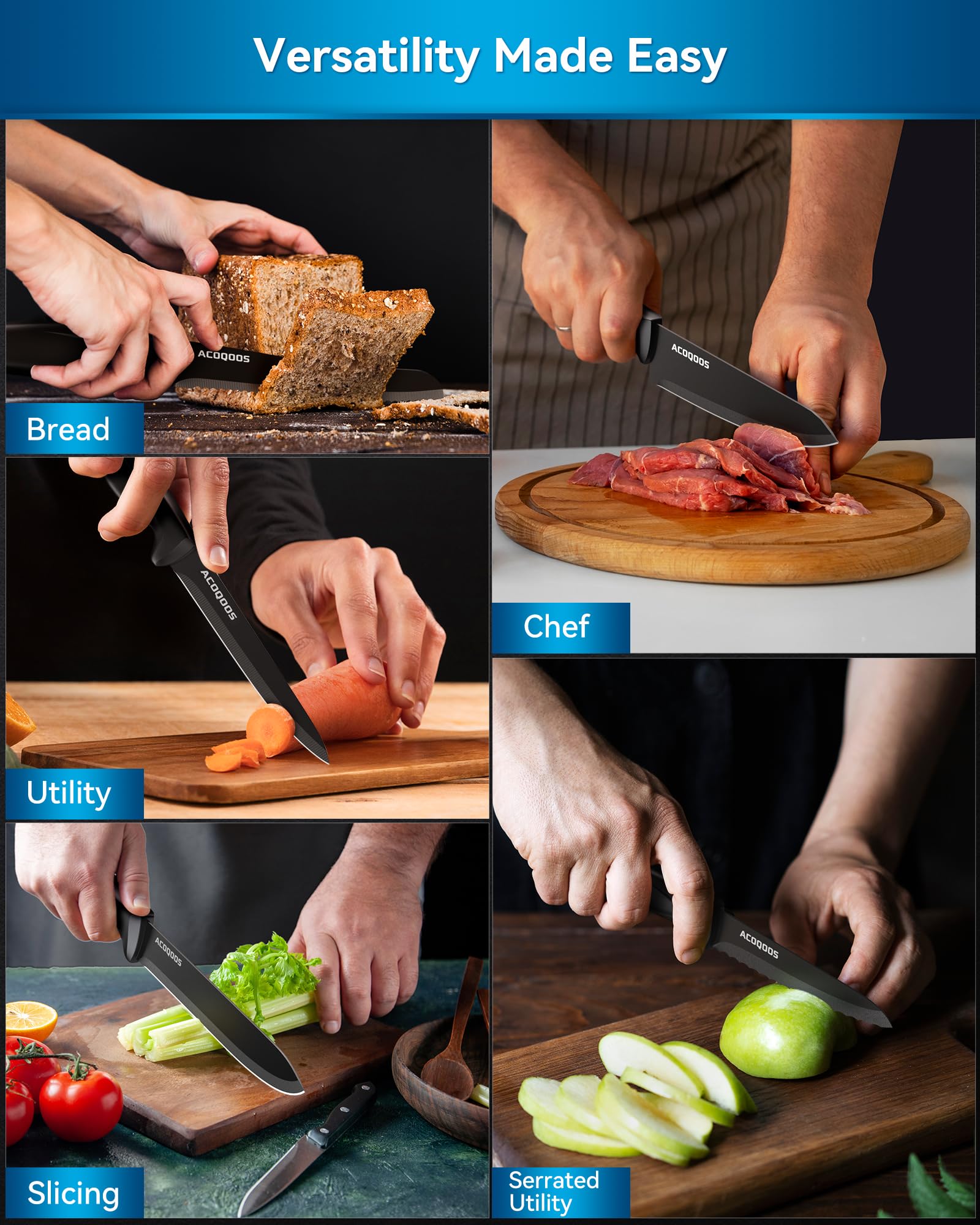 ACOQOOS 10-Piece Stainless Steel Knife Set with Wooden Block & Built-in Sharpener - Professional Kitchen Knives for Chopping, Slicing, Dicing - Perfect for Home Cooking, Restaurant & Gift Giving