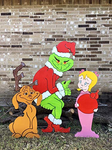 Handmade Wooden Yard Art Decor - Max the Reindeer & Cindy Lou Who Christmas Bundle (3-Piece Set) for Holiday Outdoor Decorations & Festive Home Display