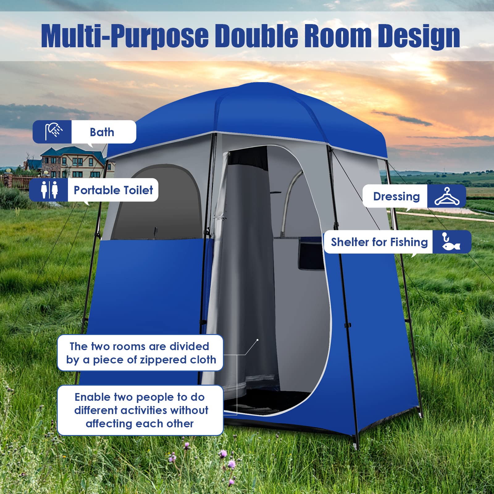Tangkula Double Room Shower Tent - Extra Large Privacy Changing Tent for Camping with Floor & Removable Rain Fly | Portable Outdoor Shower Tent with Storage Bag | Perfect for Camping, Beach, Poolside & Outdoor Dressing