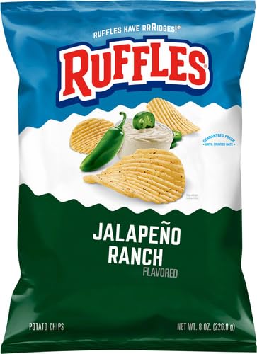 Ruffles Jalapeno Ranch Flavored Potato Chips - Crunchy Snacks, 8 Oz Bag - Perfect for Parties, Movie Nights & On-the-Go Snacking