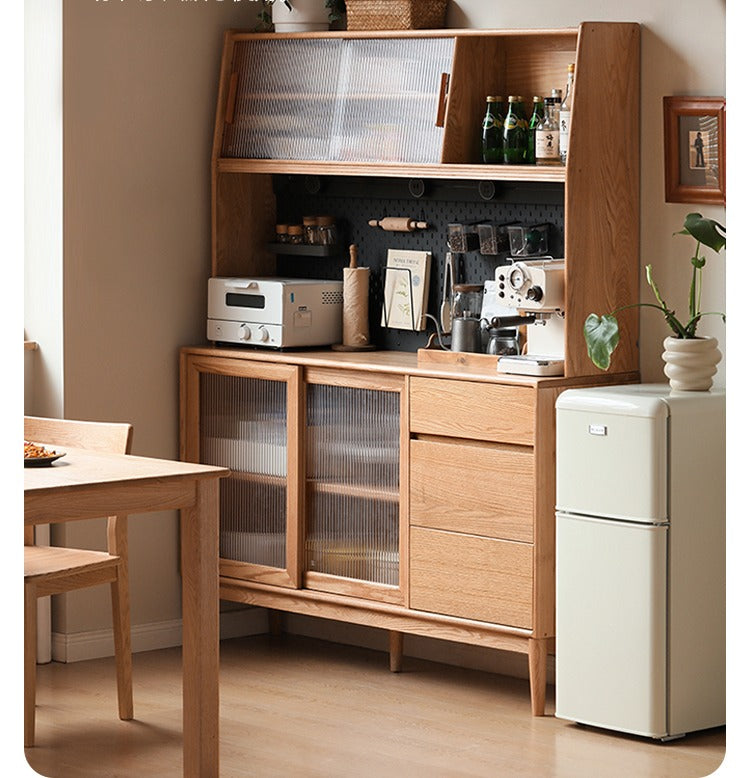 Solid Oak Wood Modern Dining Sideboard - Wall-Mounted Buffet Cabinet for Dining Room Storage & Decor